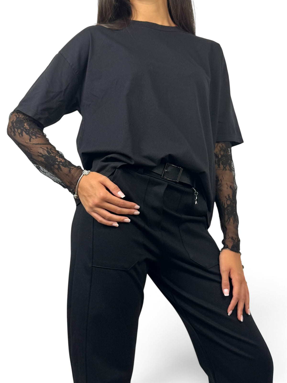 SUSY MIX MAGLIA MANICA PIZZO NERO