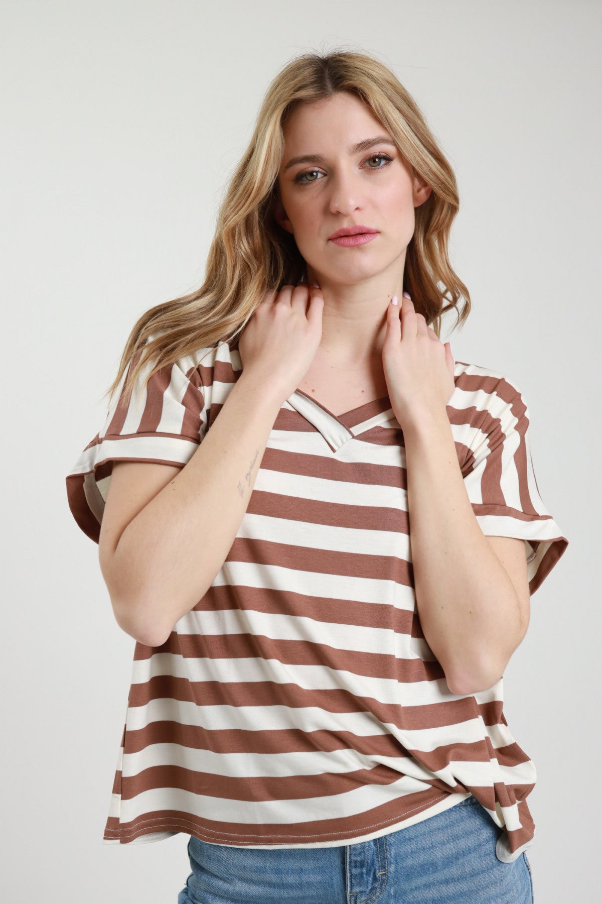 SUSY MIX T-SHIRT RIGHE BIANCO TABACCO