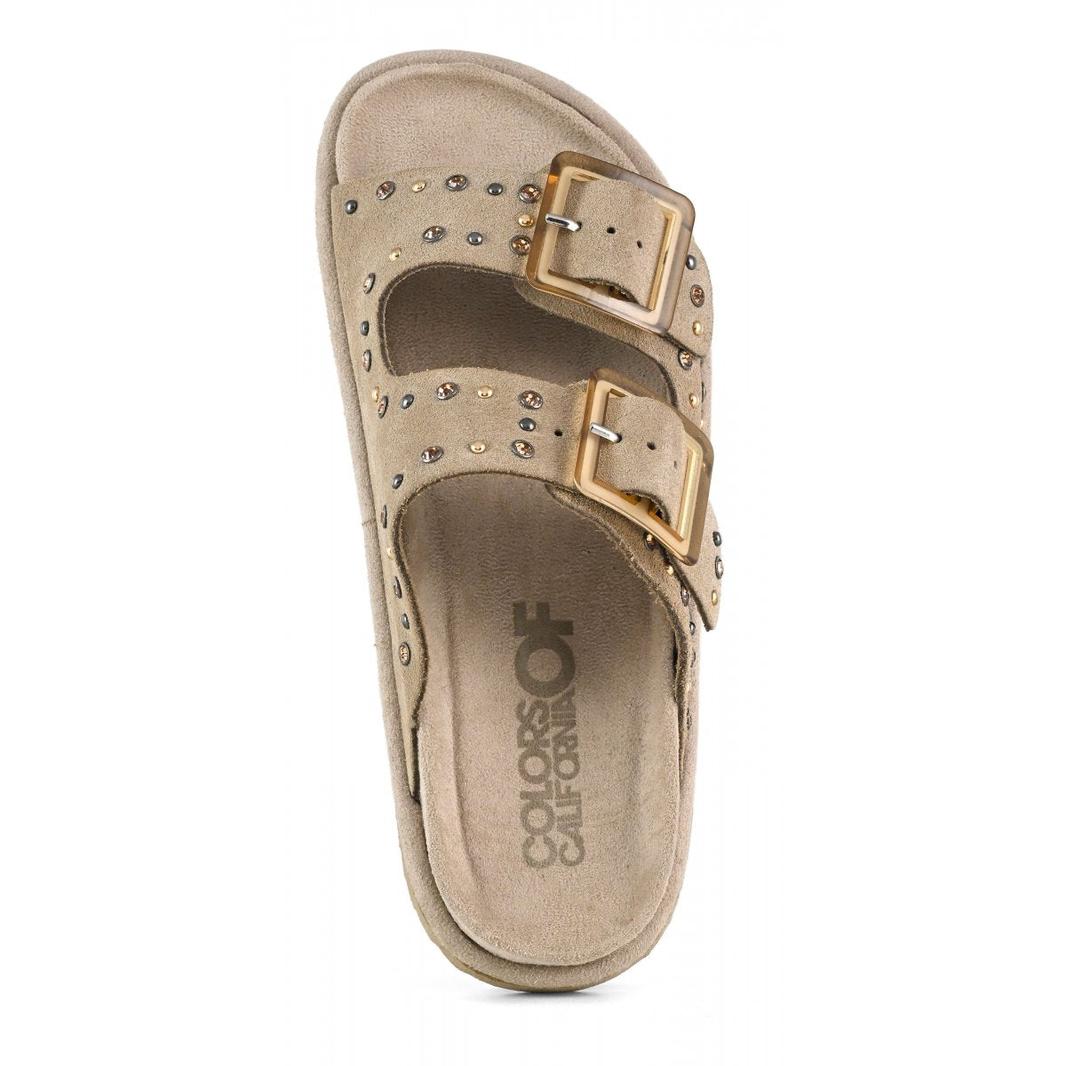 Colors Of California ciabatta donna in suede tortora con due fasce e dettagli strass