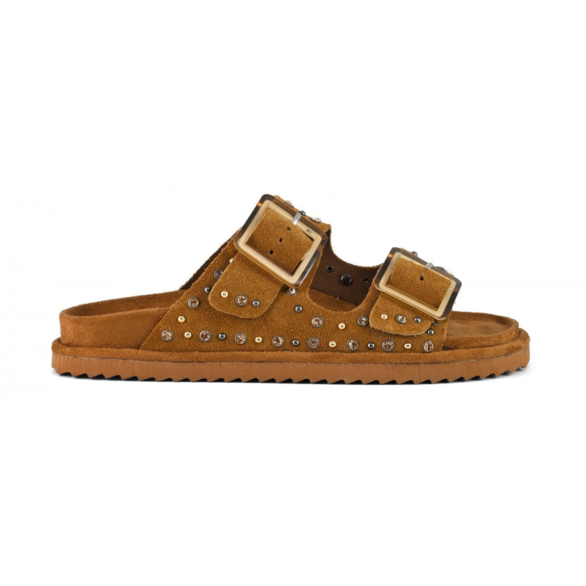 Colors Of Californoa Ciabatta donna in suede cuoio con due fasce Dettagli strass