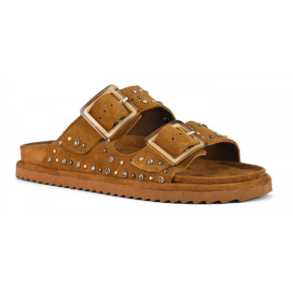 Colors Of Californoa Ciabatta donna in suede cuoio con due fasce Dettagli strass