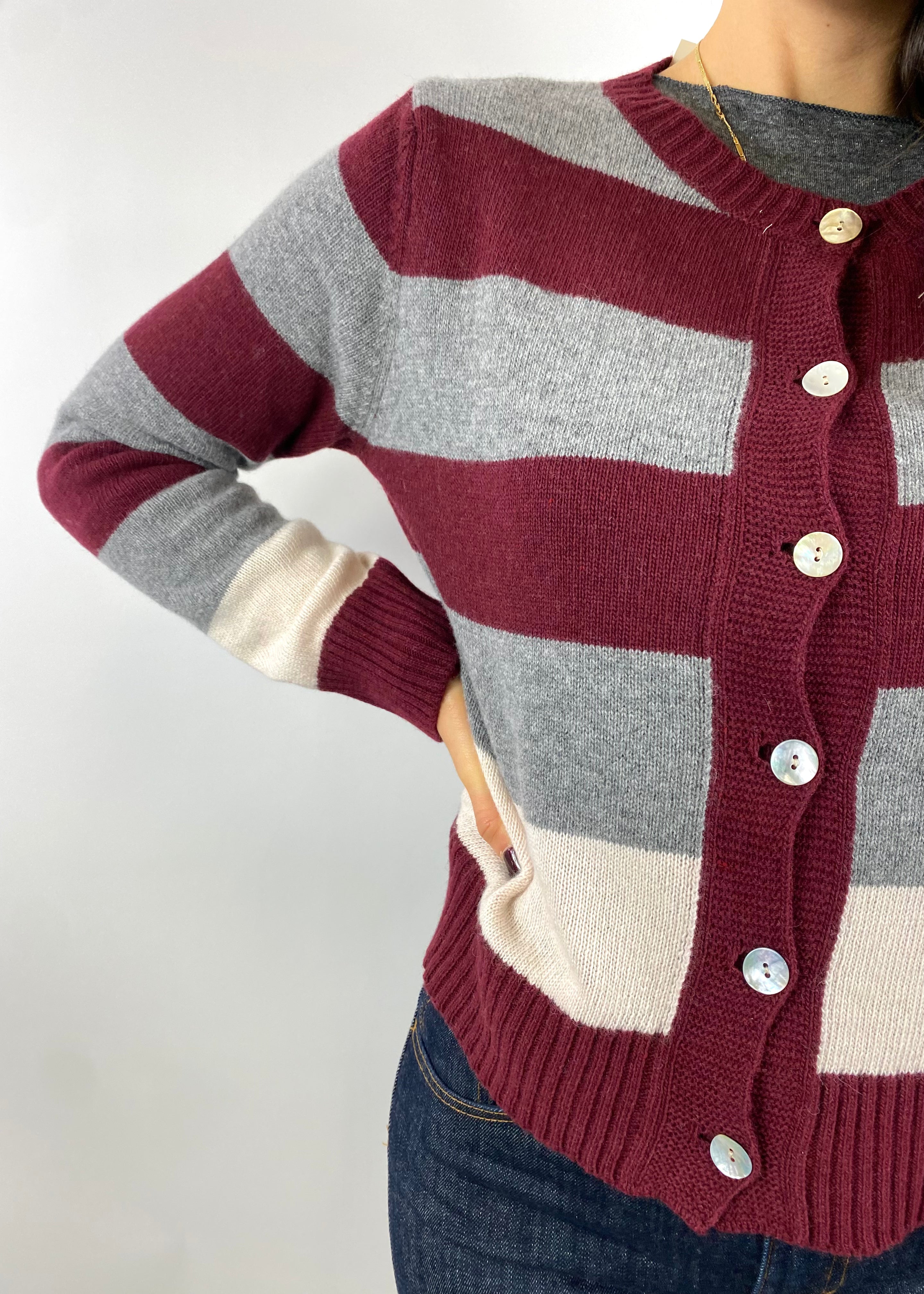 CECILE CARDIGAN A RIGHE VINO GRIGIO E MANDORLA