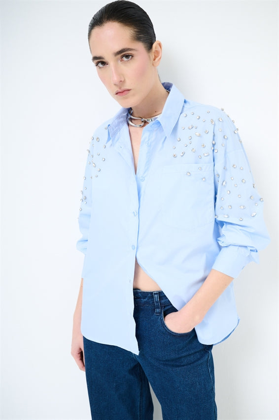 KIKISIX CAMICIA STRASS CELESTE