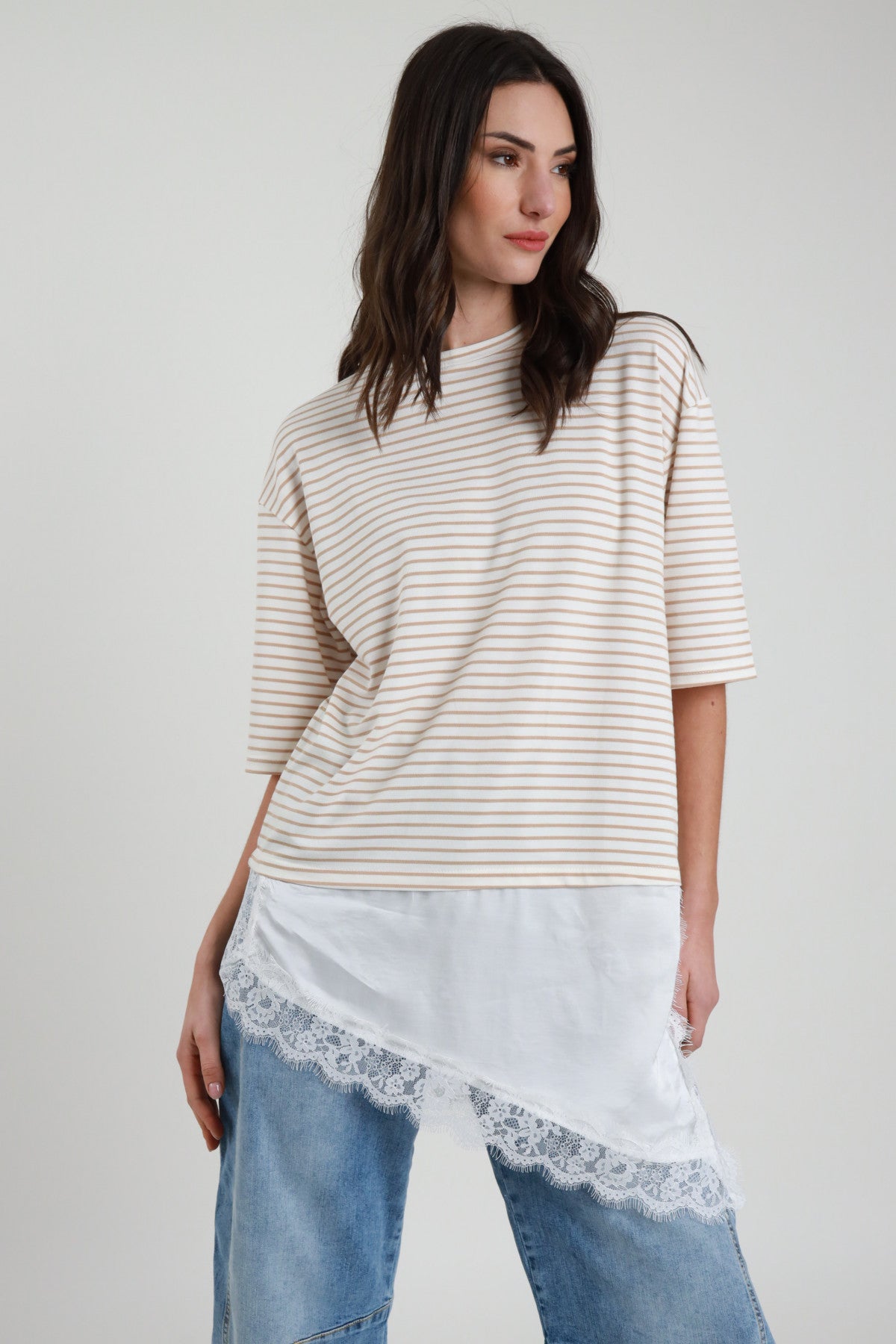 SUSY MIX T-SHIRT RIGHE E PIZZO BEIGE