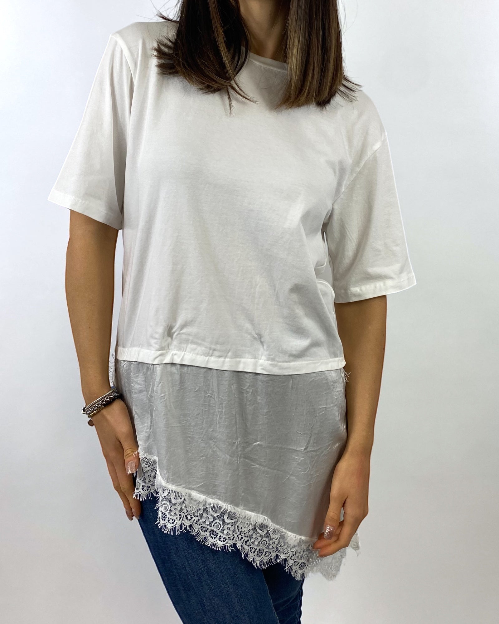 CECILE T-SHIRT CON PIZZO TRASVERSALE BIANCO