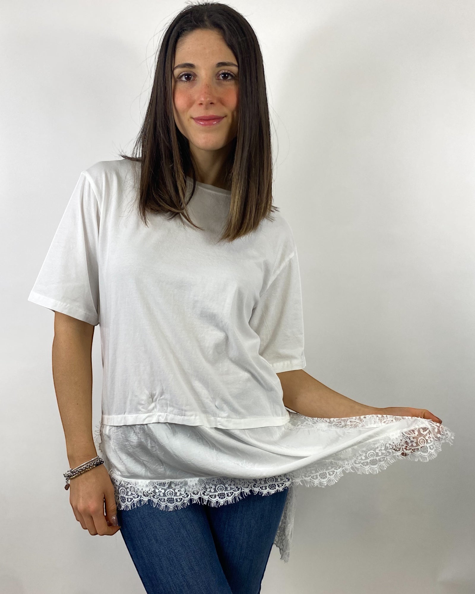 CECILE T-SHIRT CON PIZZO TRASVERSALE BIANCO