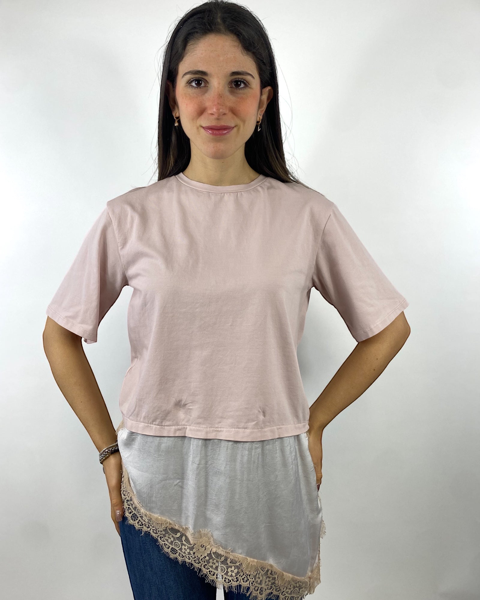 CECILE T-SHIRT CON PIZZO TRASVERSALE ROSA