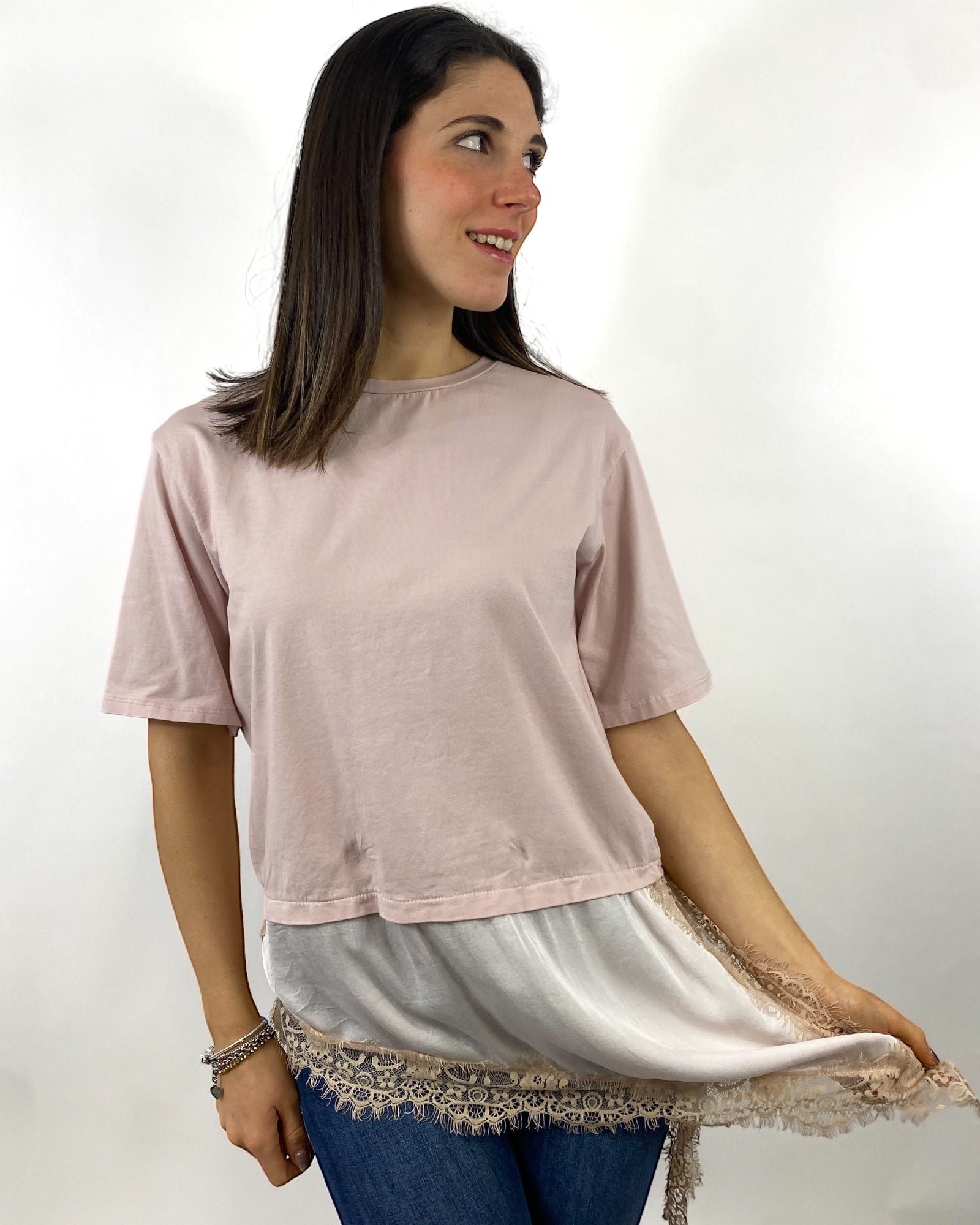 CECILE T-SHIRT CON PIZZO TRASVERSALE ROSA
