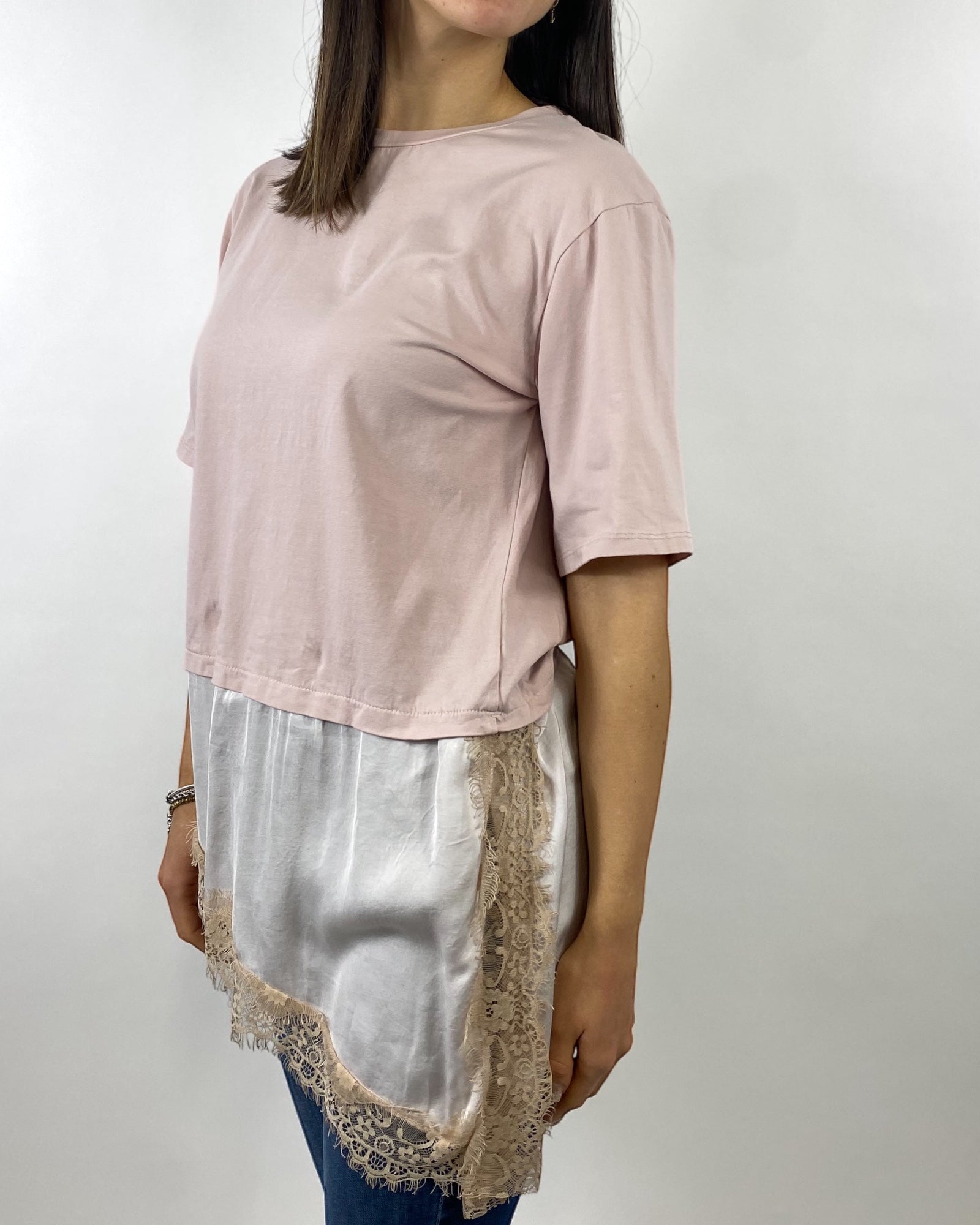 CECILE T-SHIRT CON PIZZO TRASVERSALE ROSA