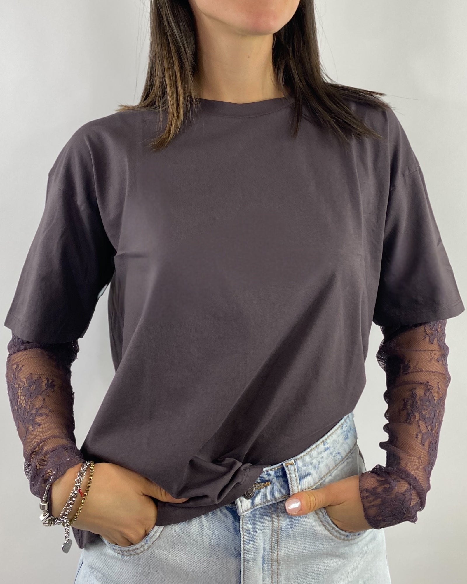 SUSY MIX MAGLIETTA MANICA IN PIZZO MARRONE