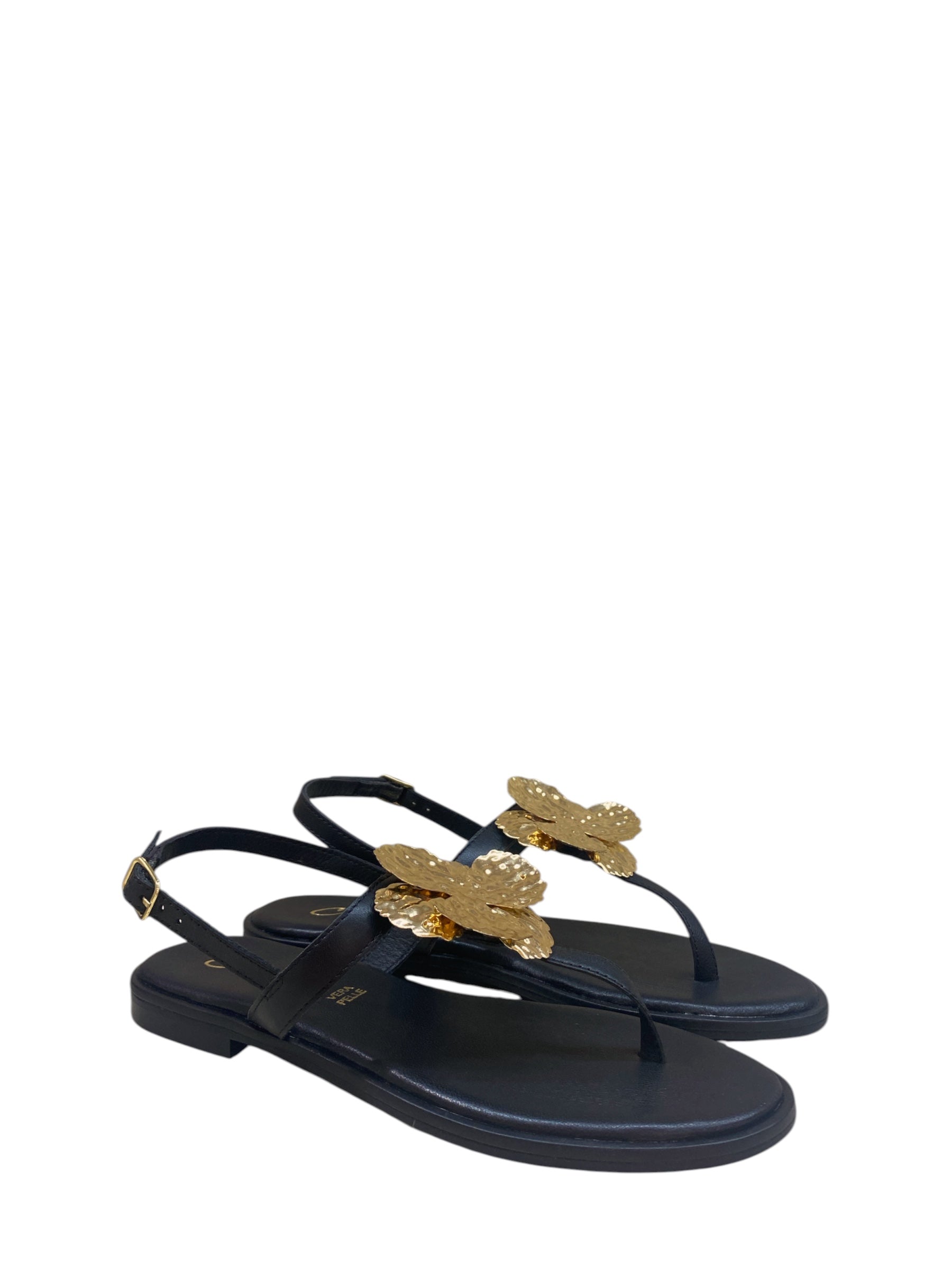 CRISTIN SANDALO INFRADITO NERO CON FIORE ORO