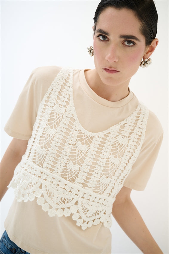 KIKISIX T-SHIRT CON TOP MACRAME BEIGE