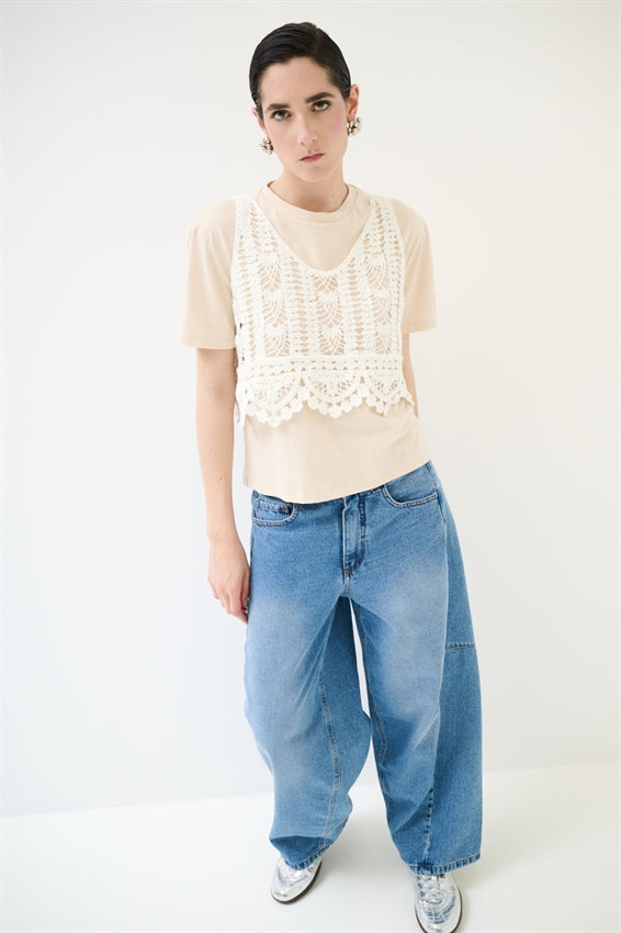 KIKISIX T-SHIRT CON TOP MACRAME BEIGE
