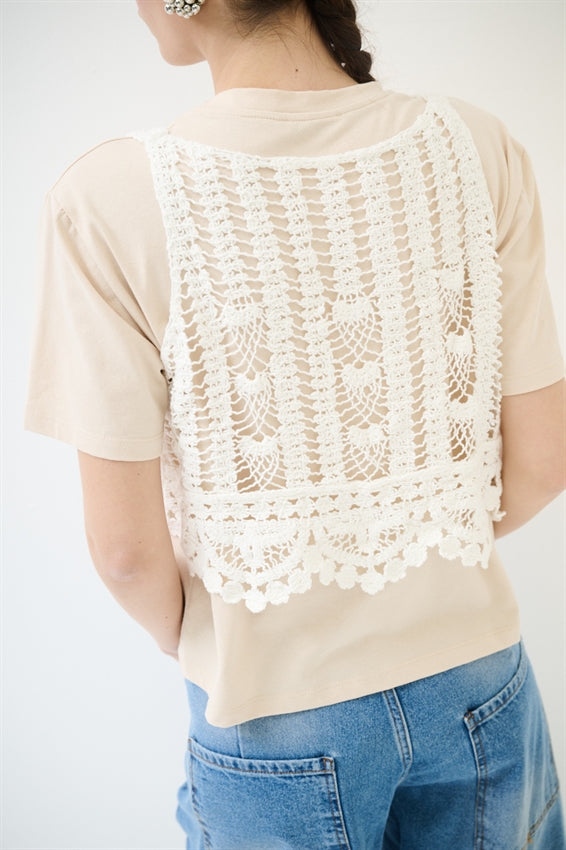 KIKISIX T-SHIRT CON TOP MACRAME BEIGE