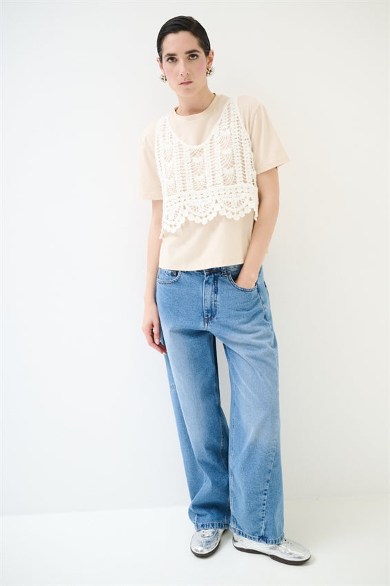 KIKISIX T-SHIRT CON TOP MACRAME BEIGE