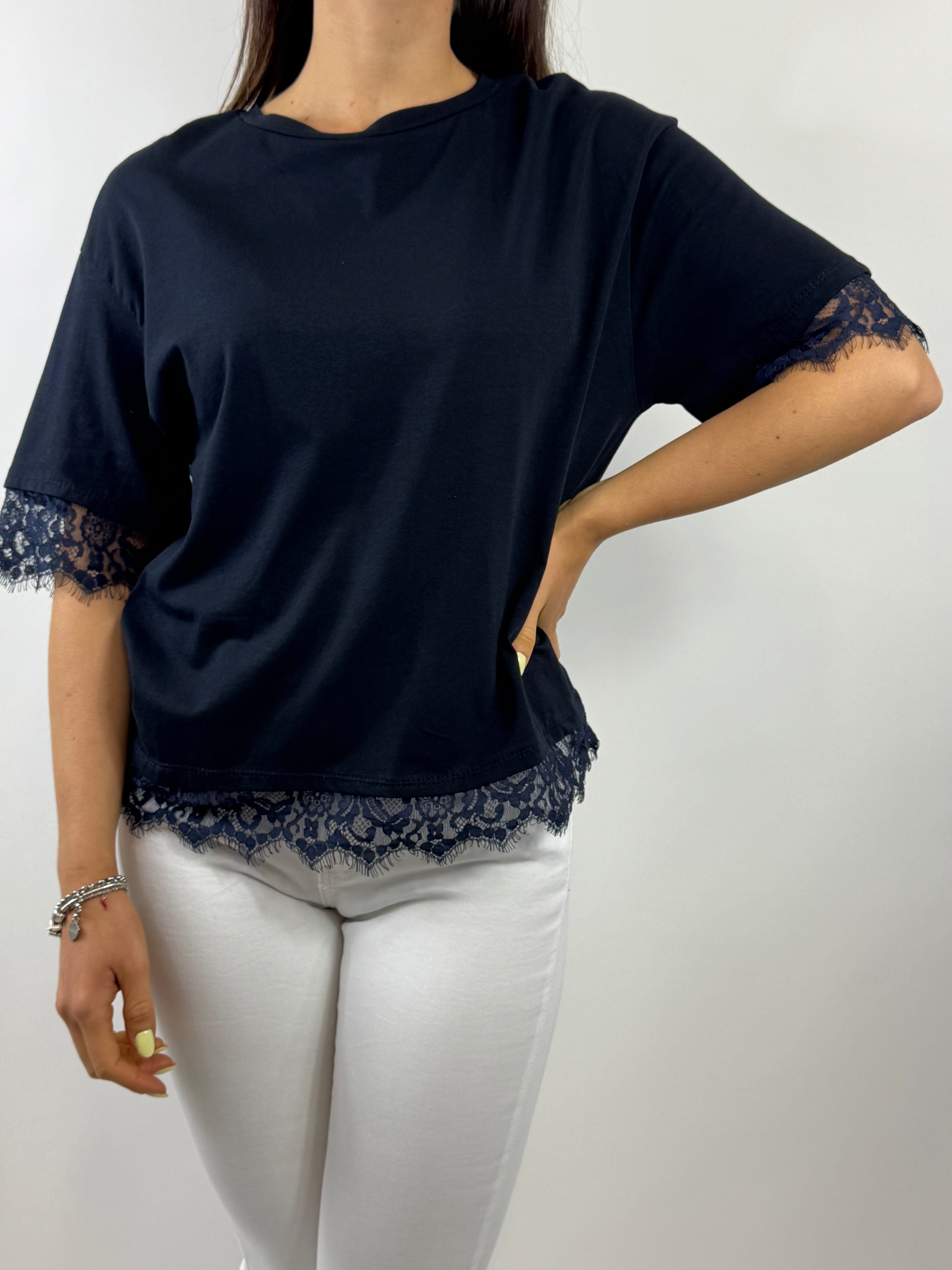 CECILE T-SHIRT DETTAGLI IN PIZZO BLU