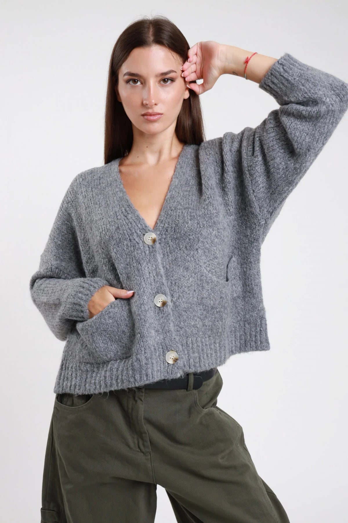 SUSY MIX CARDIGAN OVER TASCHE GRIGIO
