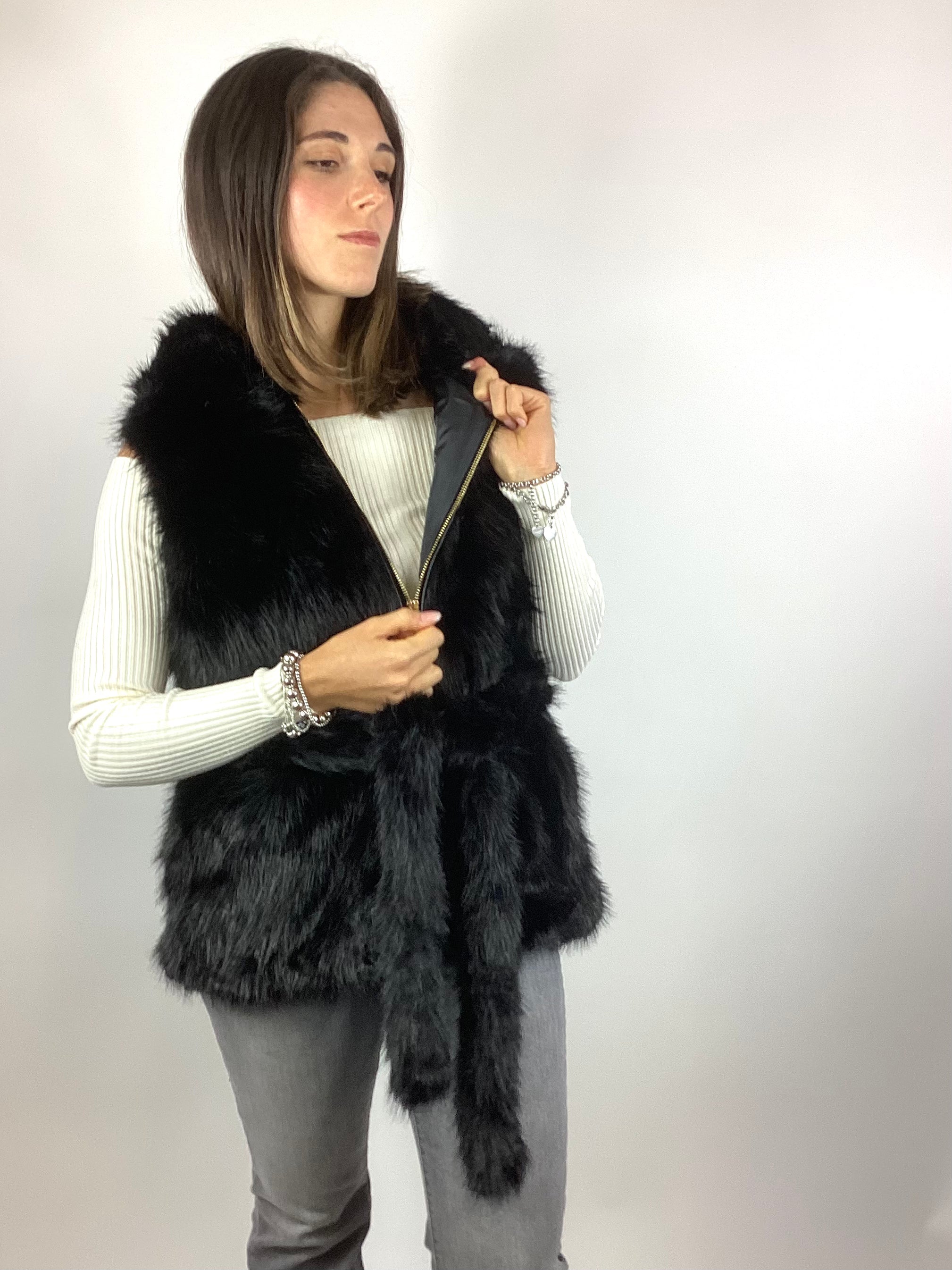 SUSY MIX GILET ECO-PELLICCIA NERO