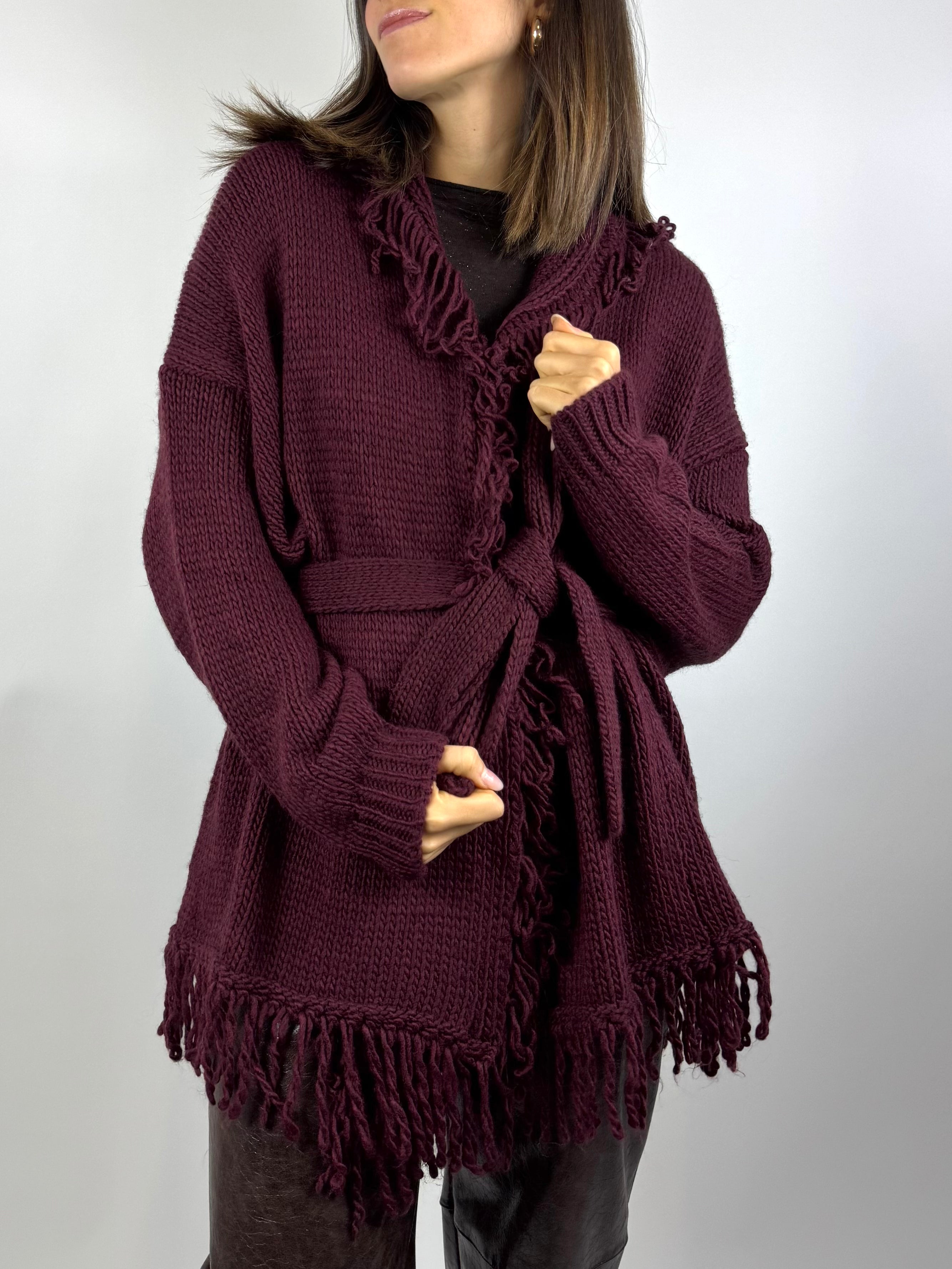 KIKISIX CARDIGAN FRANGE BORDEAUX