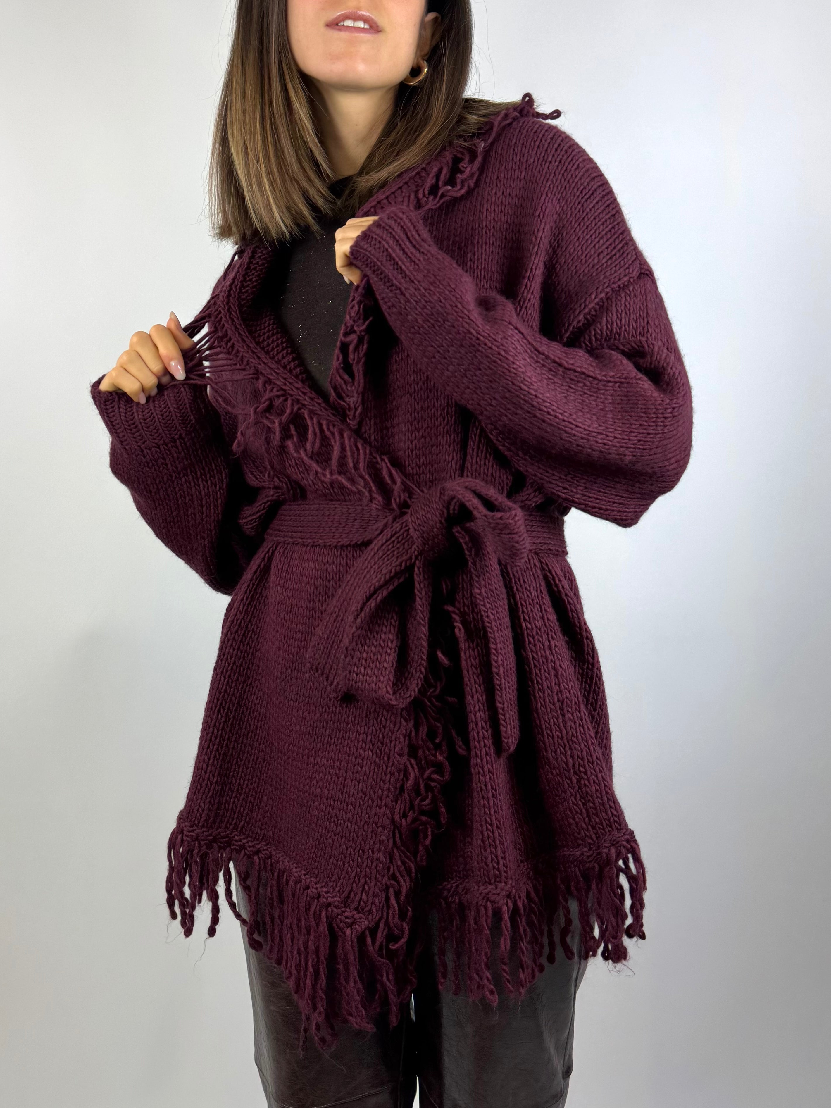 KIKISIX CARDIGAN FRANGE BORDEAUX