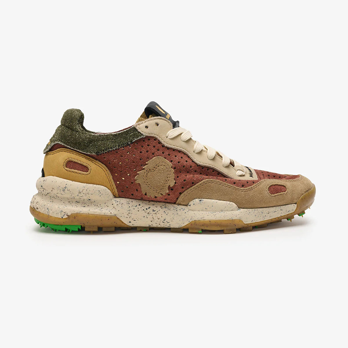 Satorisan sneakers uomo in suede marrone laserato e taupe con toppone verde