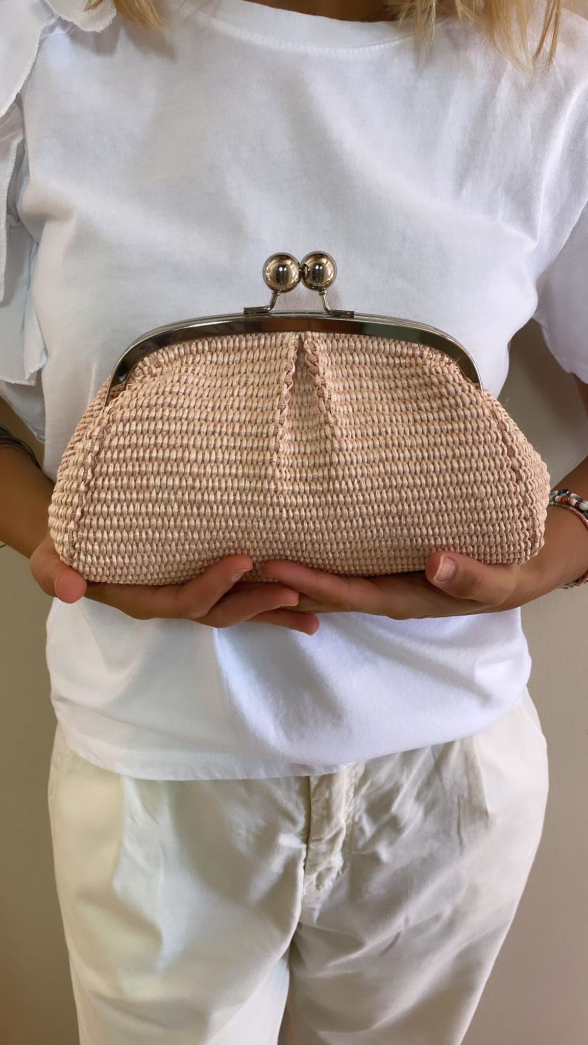 Cecile Pochette rafia pasticcino rosa cipria
