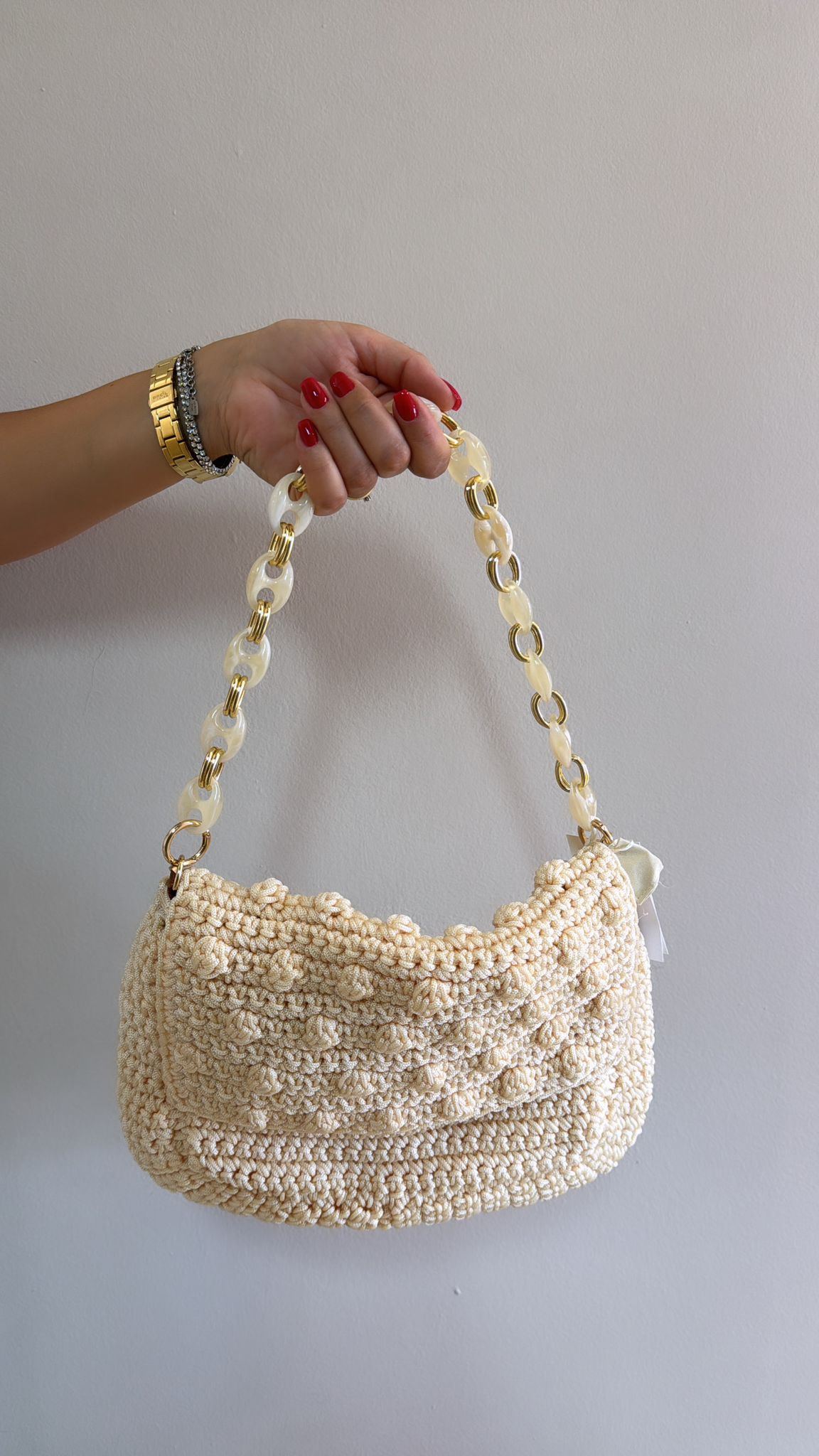 Cecile Borsa a spalla crochet burro con tracolla catena e tracolla lunga treccia
