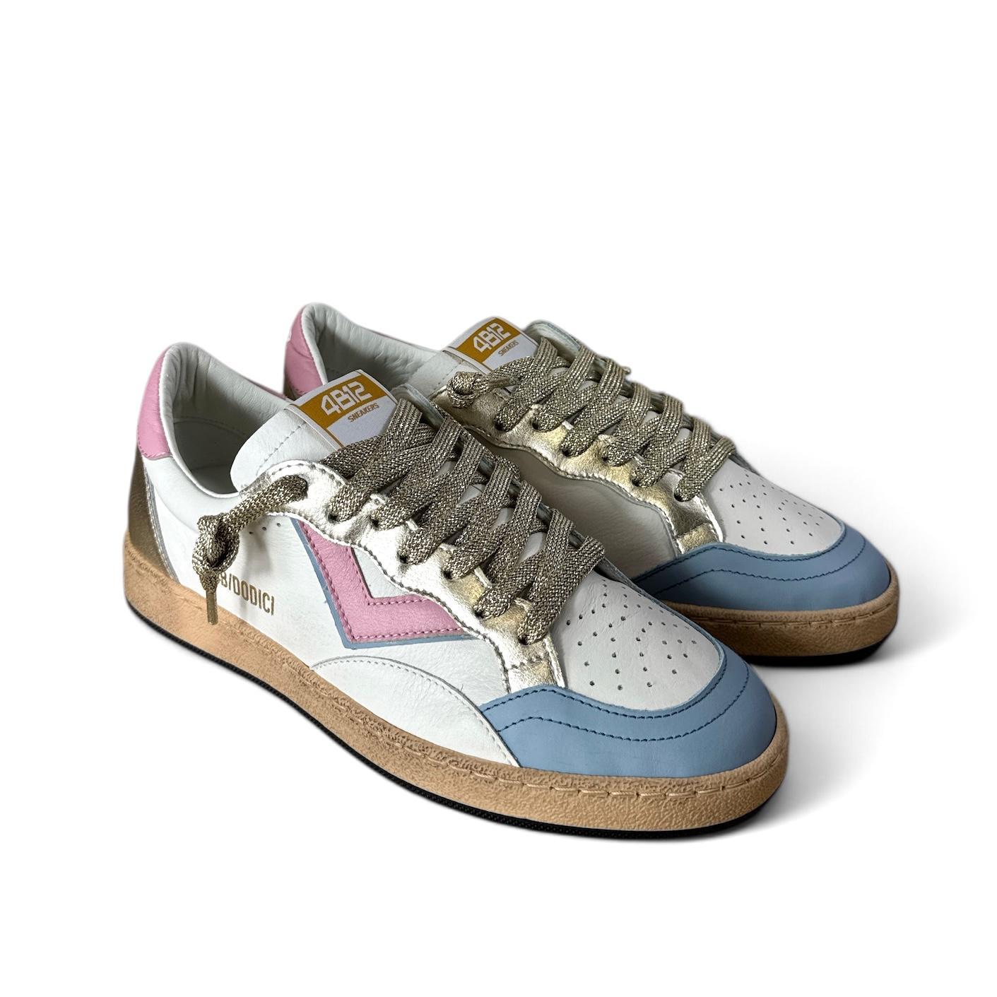 4B12 Sneaker donna in pelle bianca con azzurro, rosa e laminato oro