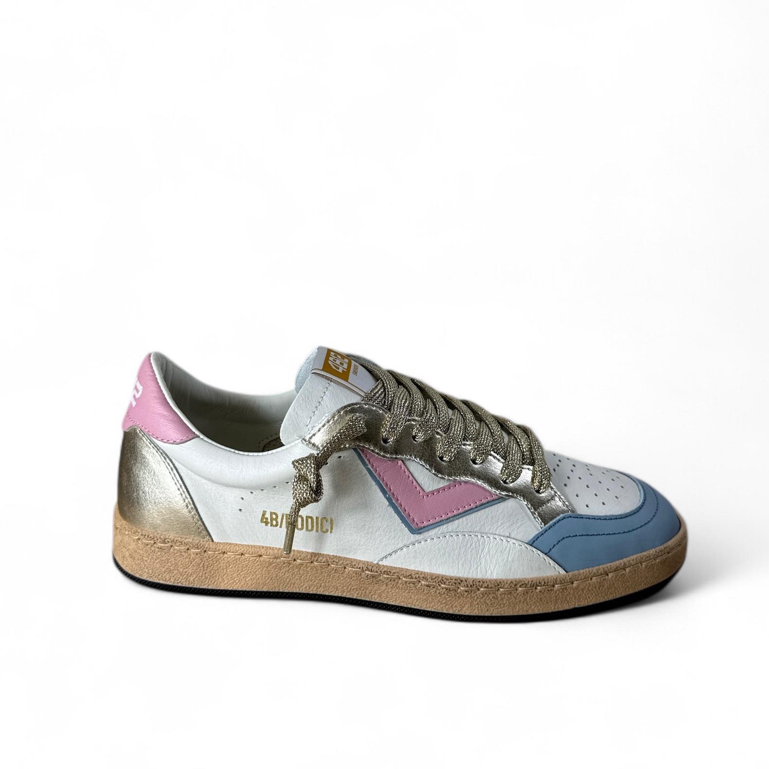 4B12 Sneaker donna in pelle bianca con azzurro, rosa e laminato oro