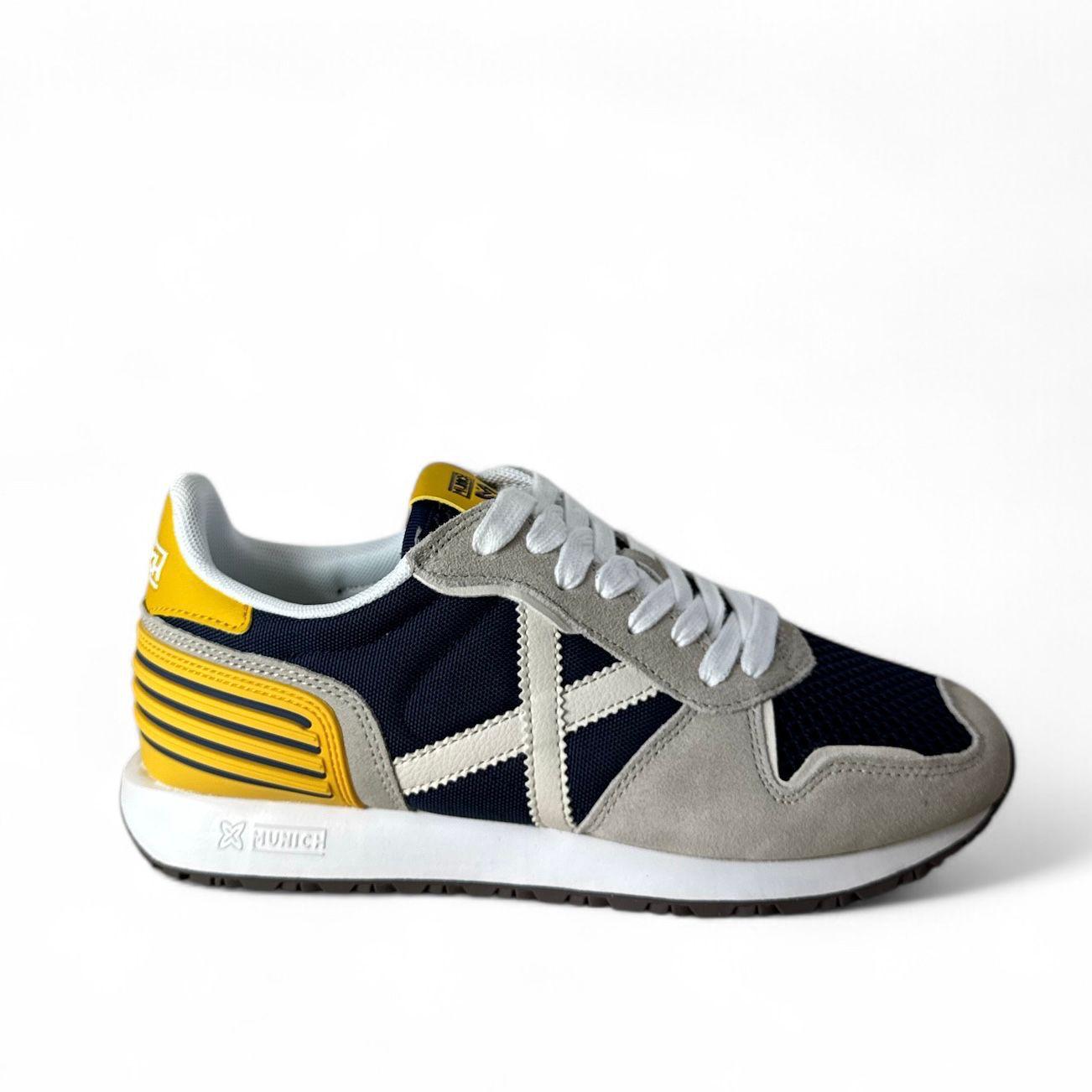 Munich sneakers uomo in suede grigio e mesh di colore blu con inserti giallo