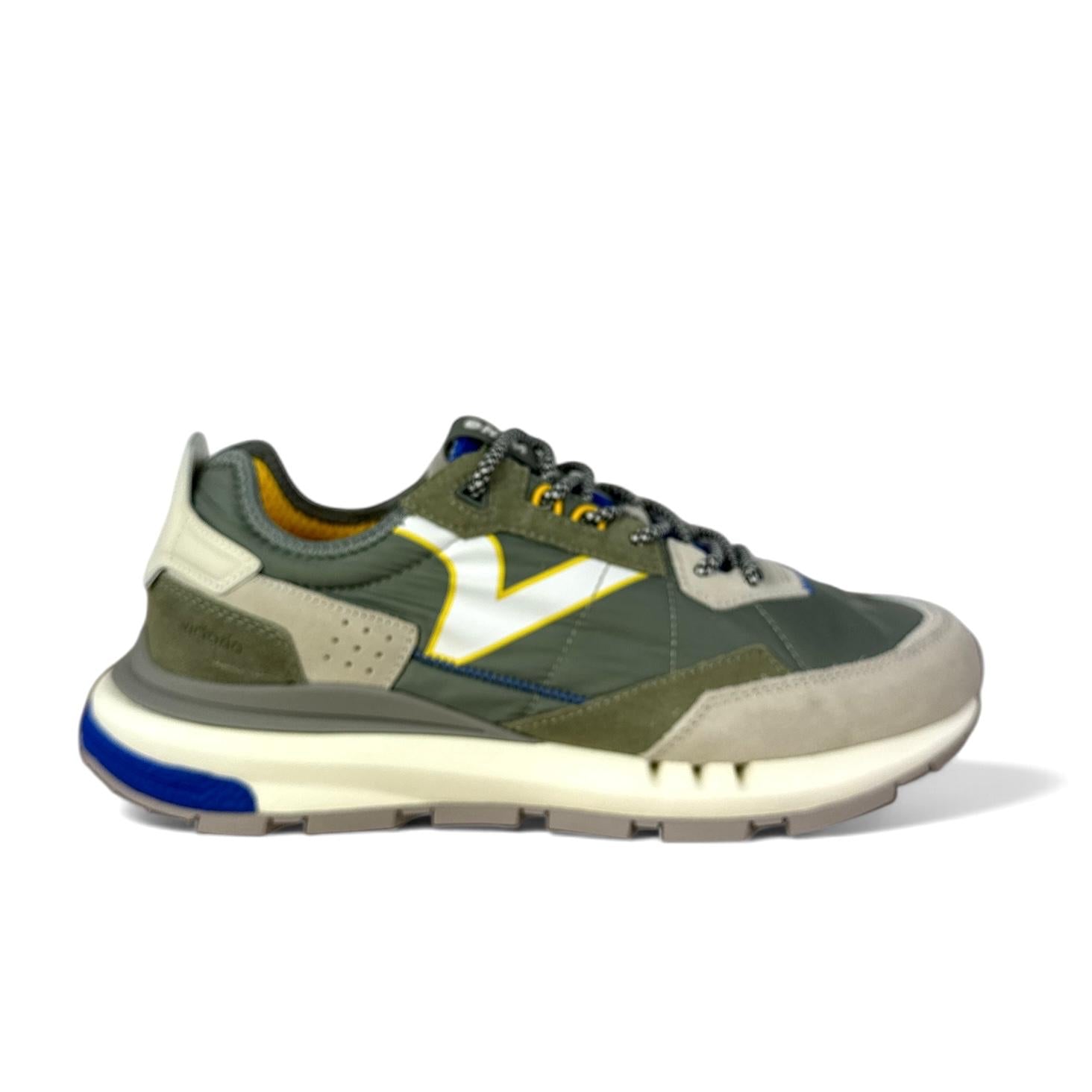 Victoria sneaker uomo in suede e tela color kaki con dettagli blu gialli e beige