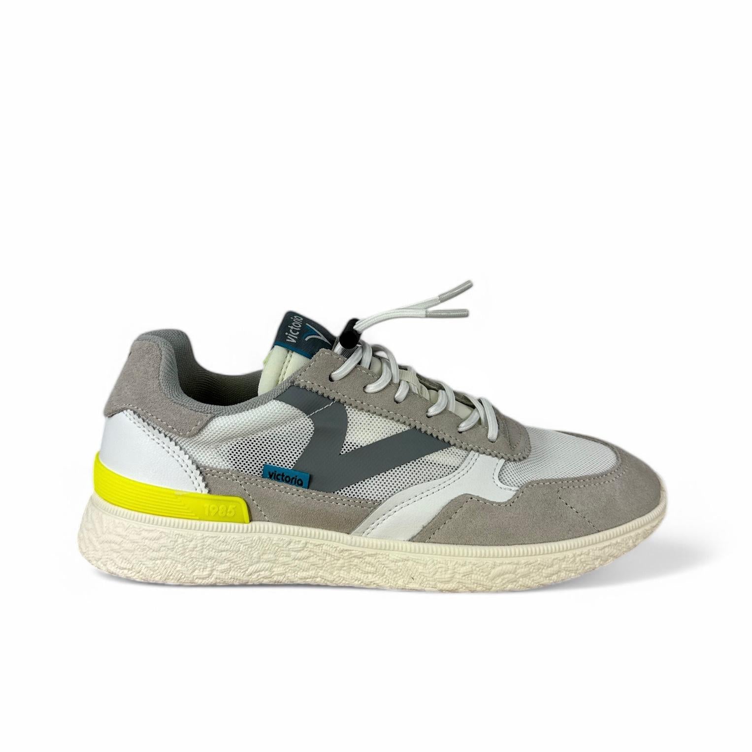 Victoria sneaker uomo in suede e rete bianco e grigio con dettagli gialli
