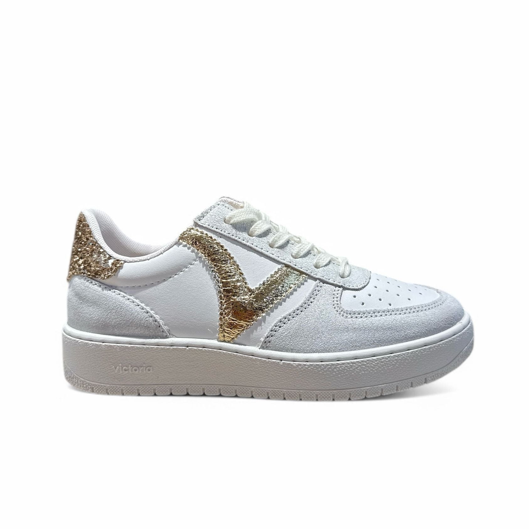 Victoria sneaker donna in pelle e suede bianco con gonfietto in glitter e logo laminato oro