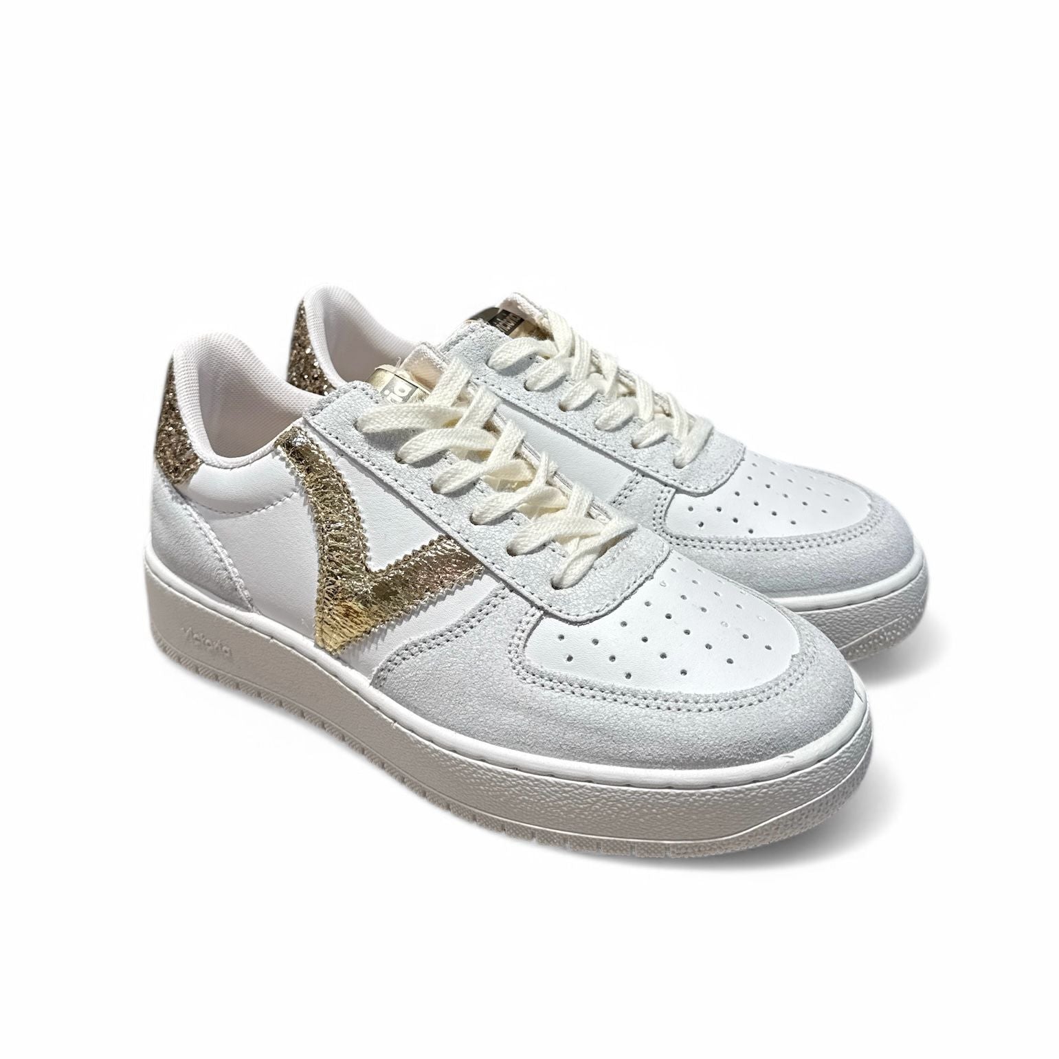 Victoria sneaker donna in pelle e suede bianco con gonfietto in glitter e logo laminato oro