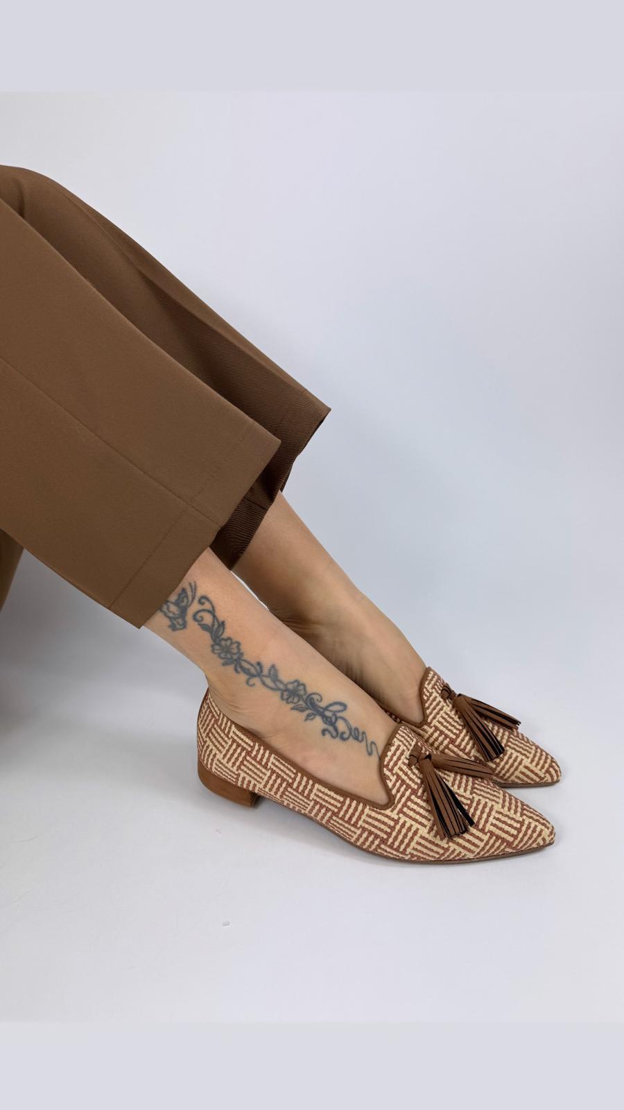 Bottega Lotti slipper donna in rafia beige e cuoio con nappe