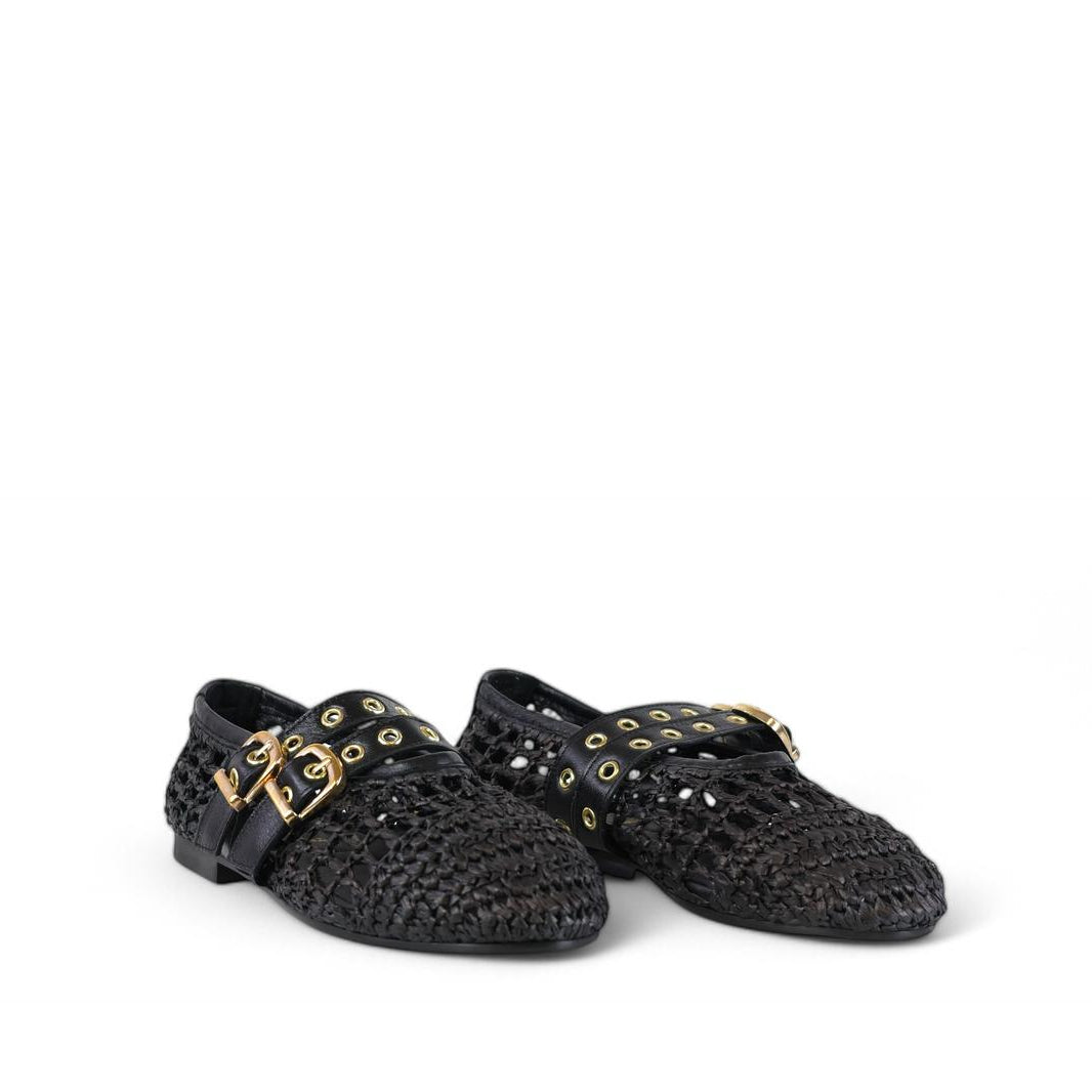 Shaddy ballerina in rafia nera con due passanti