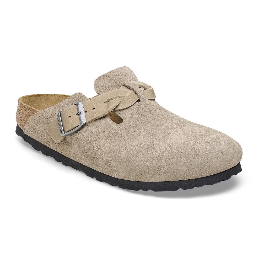 Birkenstock sabot camoscio con treccia in pelle taupe