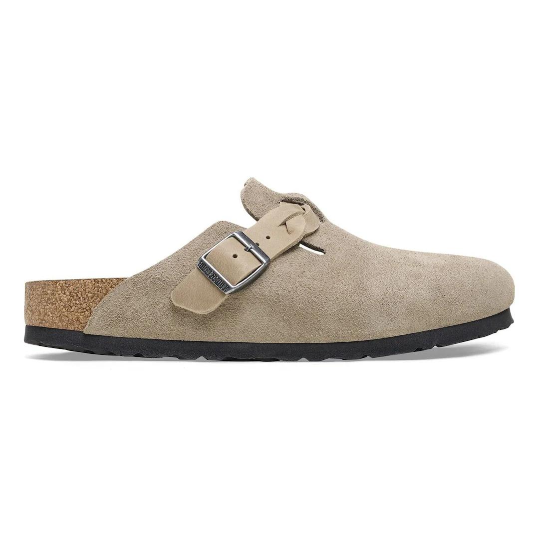 Birkenstock sabot camoscio con treccia in pelle taupe