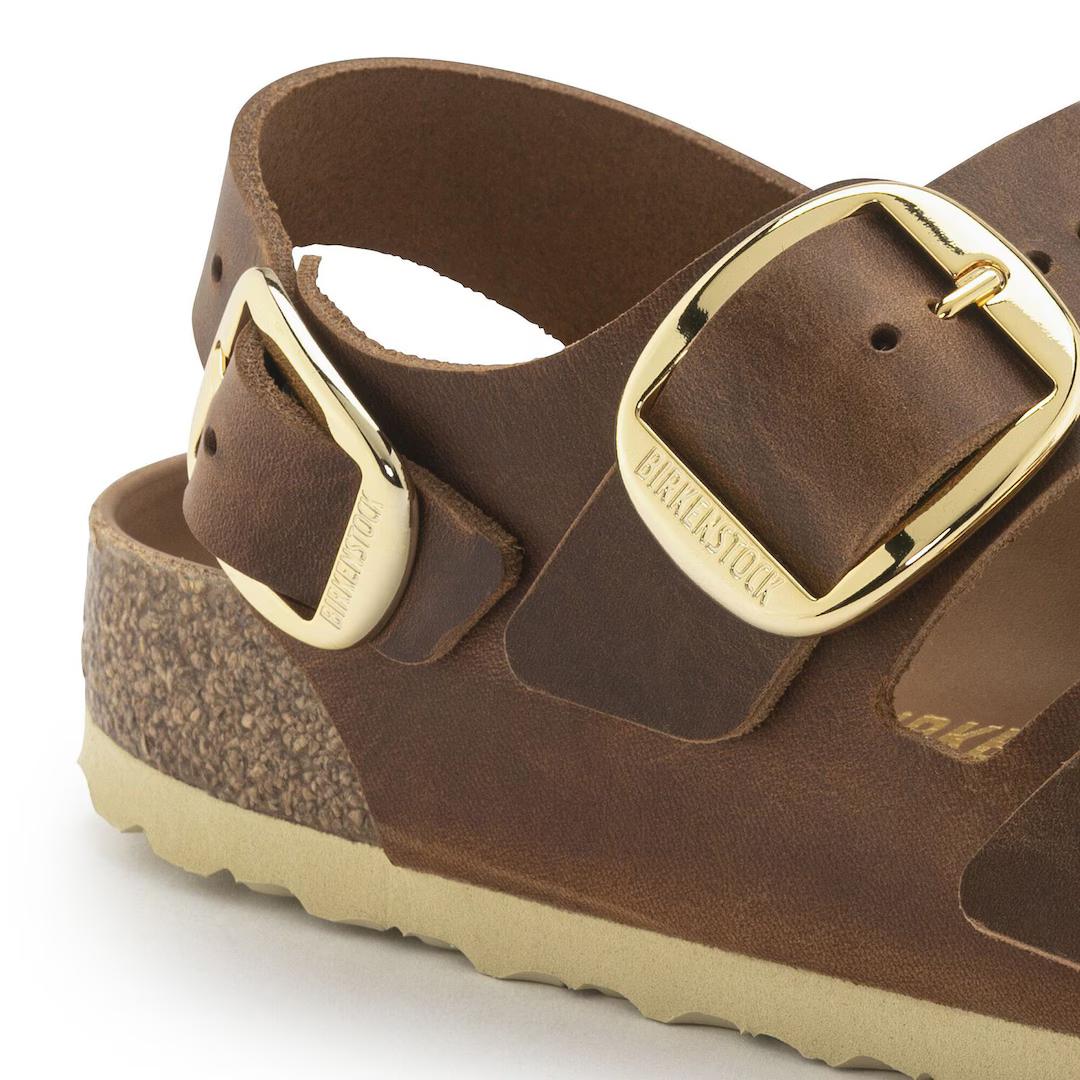 Birkenstock sandalo donna in pelle oliata cognac con fibbie oro