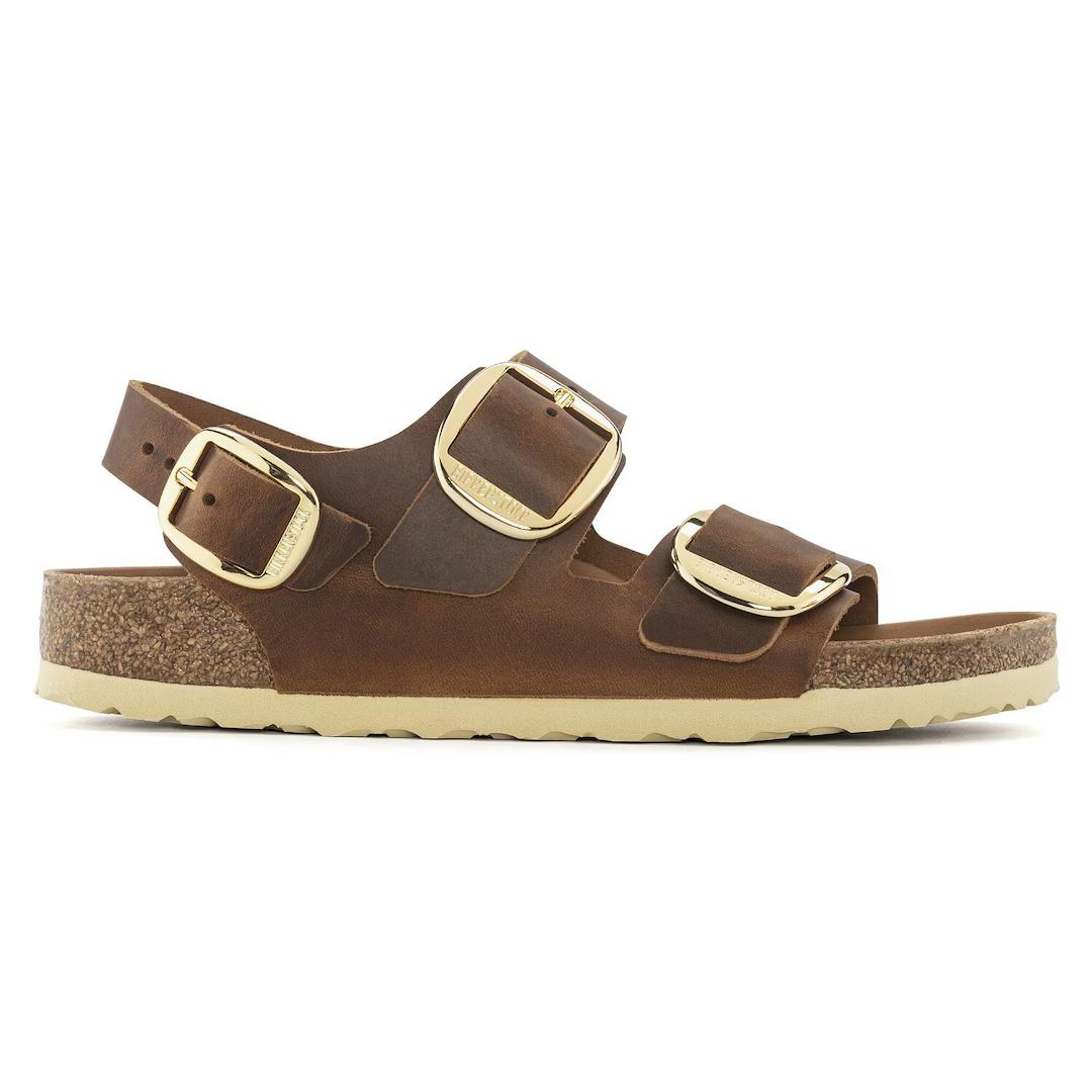 Birkenstock sandalo donna in pelle oliata cognac con fibbie oro