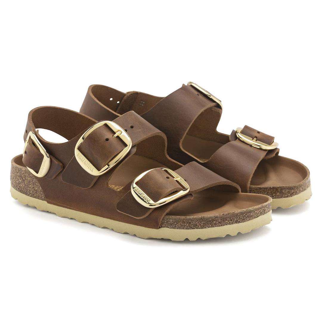 Birkenstock sandalo donna in pelle oliata cognac con fibbie oro