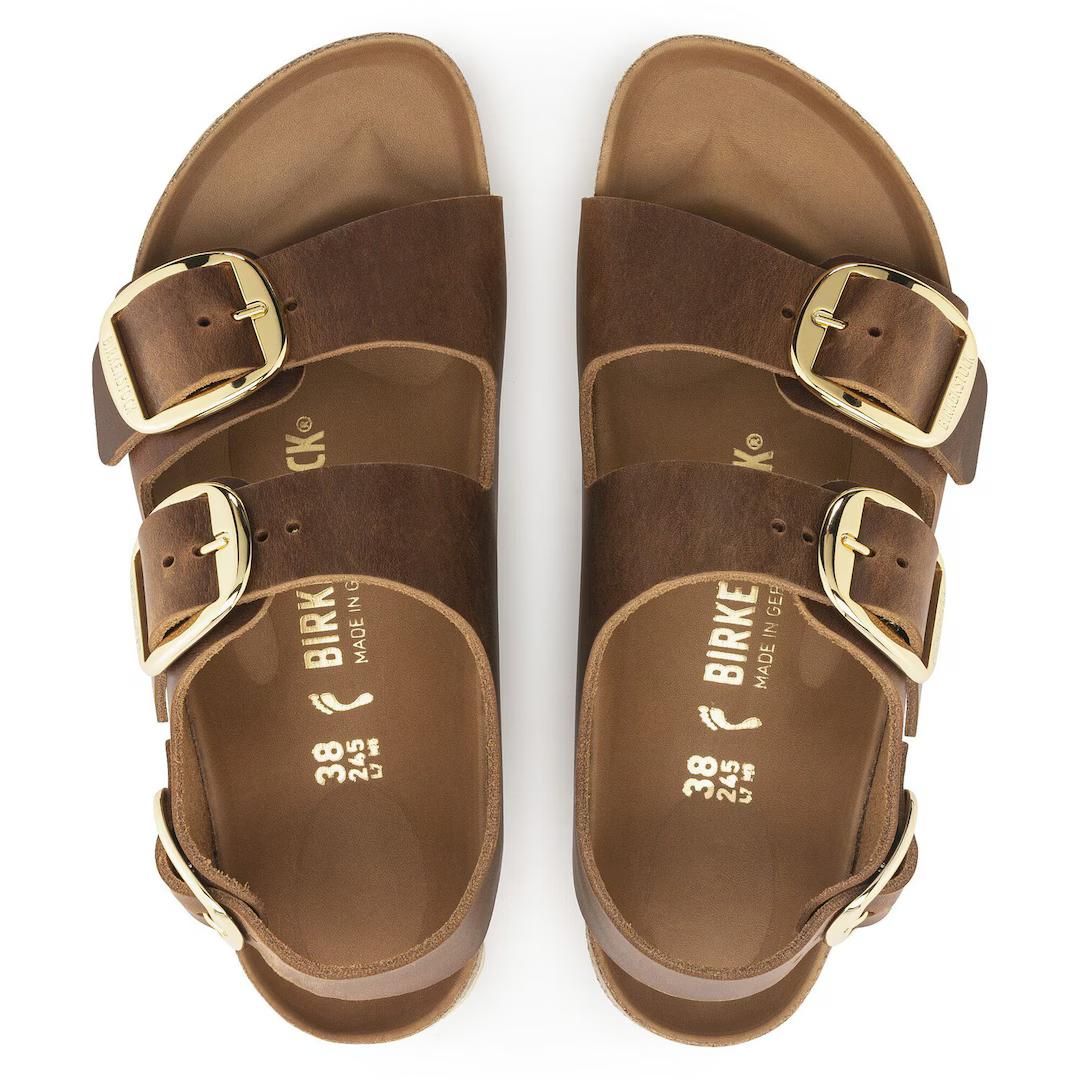 Birkenstock sandalo donna in pelle oliata cognac con fibbie oro