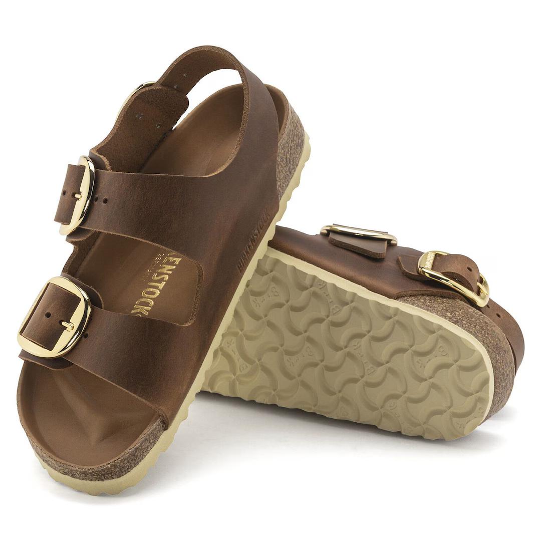 Birkenstock sandalo donna in pelle oliata cognac con fibbie oro