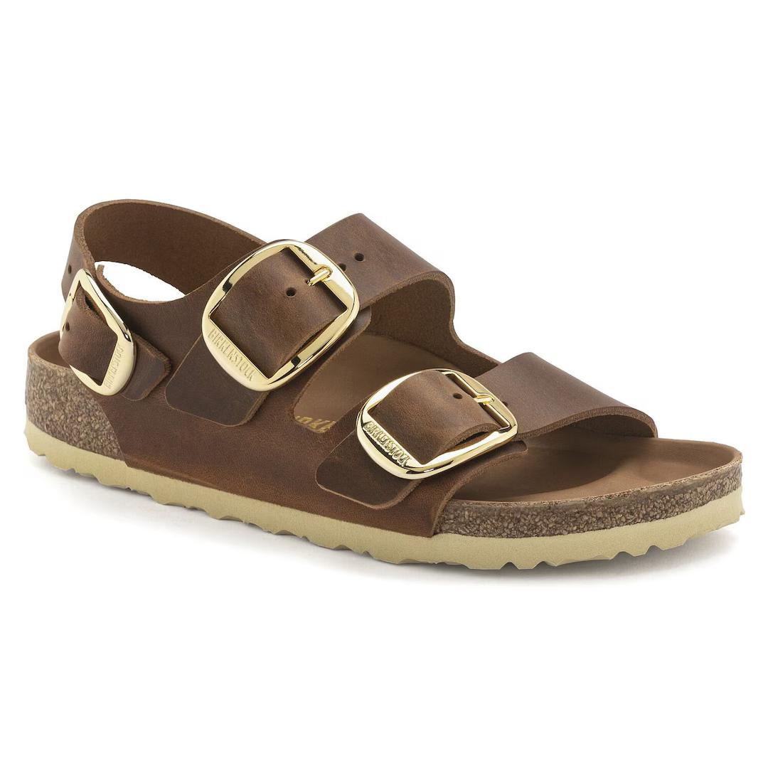 Birkenstock sandalo donna in pelle oliata cognac con fibbie oro