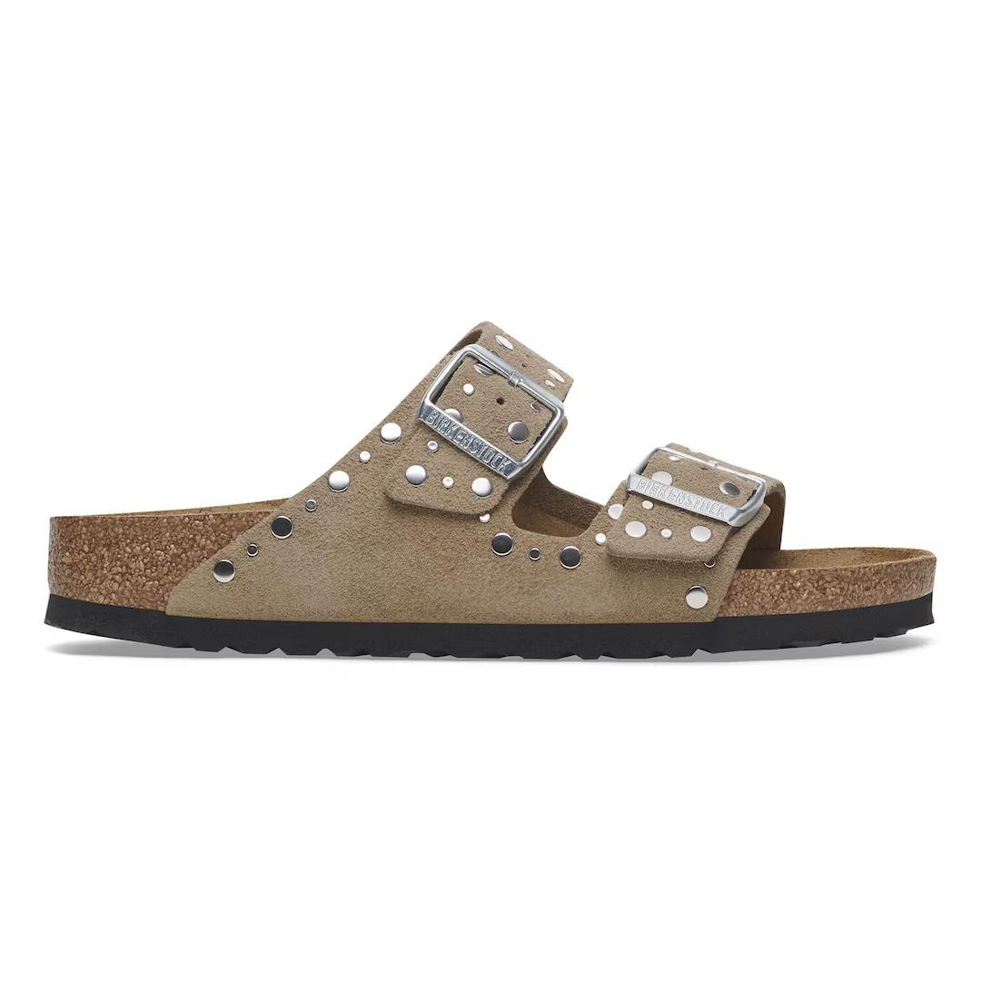 Birkenstock ciabatta donna due fasce suede taupe con rivetti
