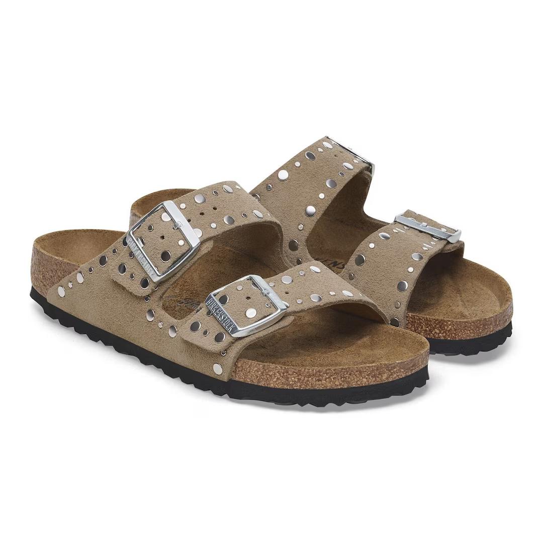 Birkenstock ciabatta donna due fasce suede taupe con rivetti