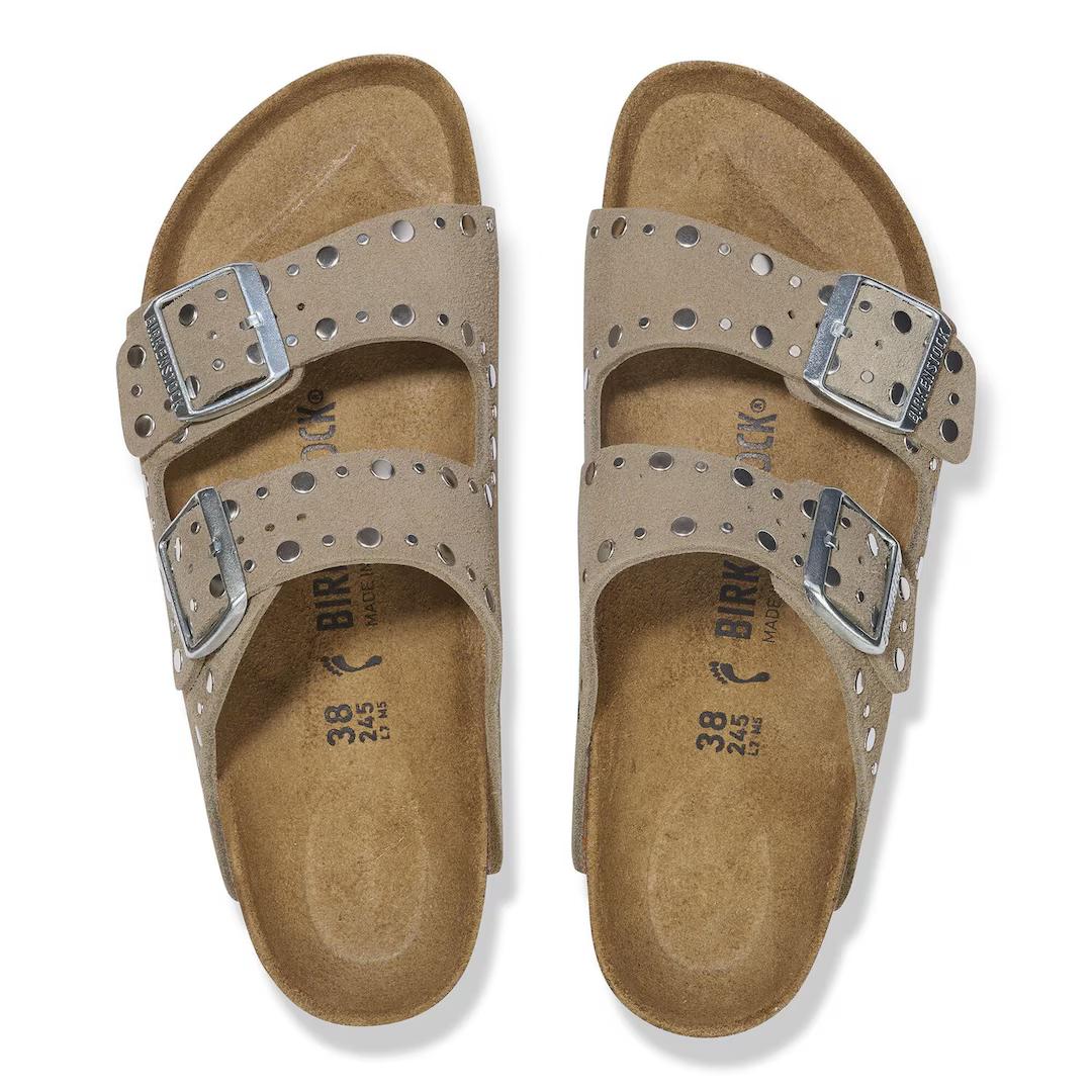 Birkenstock ciabatta donna due fasce suede taupe con rivetti