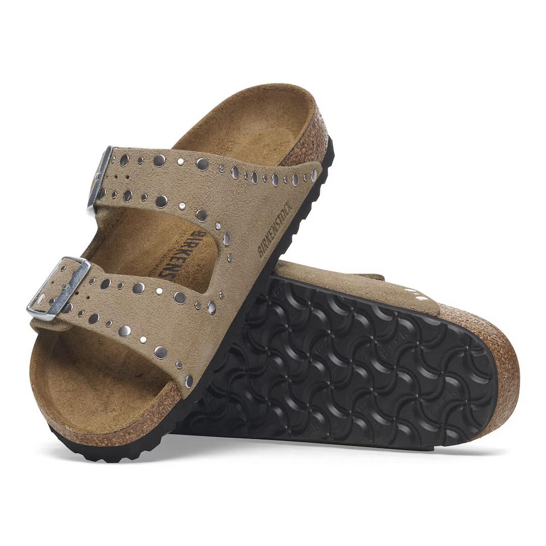 Birkenstock ciabatta donna due fasce suede taupe con rivetti