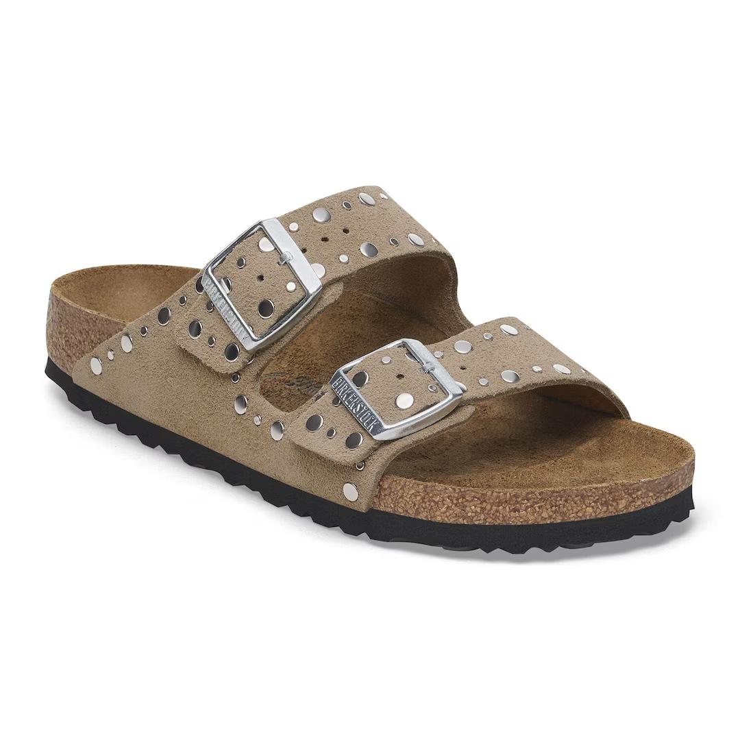 Birkenstock ciabatta donna due fasce suede taupe con rivetti