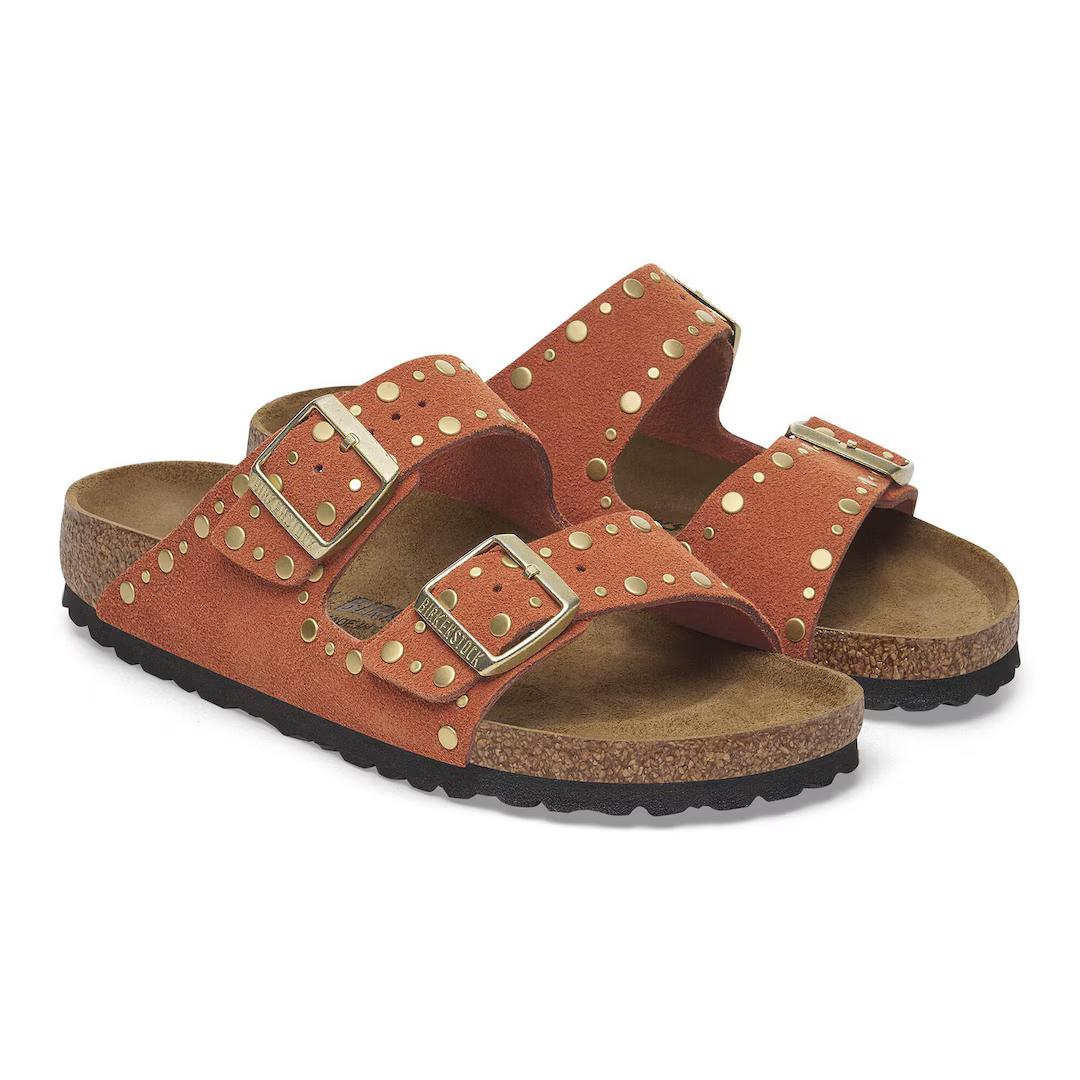 Birkenstock ciabatte donna due fasce in suede color ruggine con rivetti